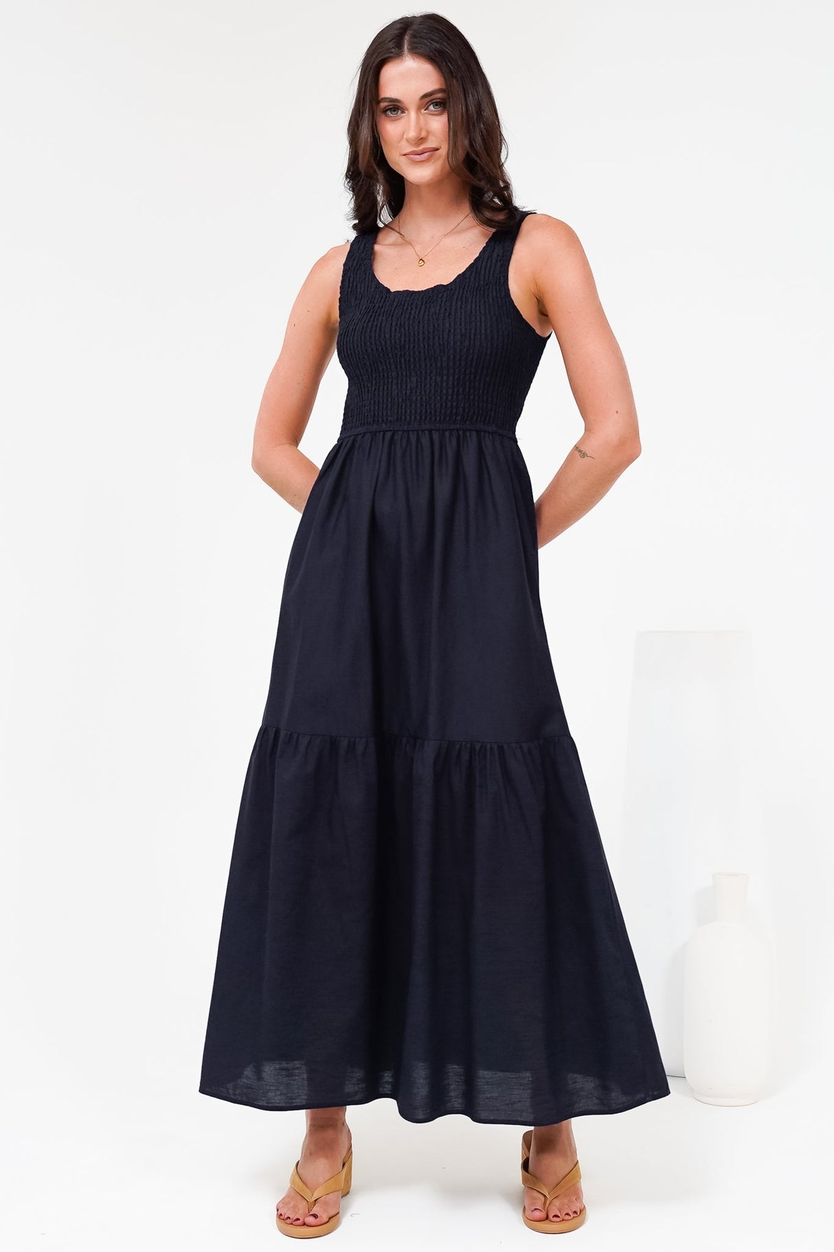 Sarlita Midi Dress - Shirred Bodice Sleeveless Tiered Dress with Pockets in Navy