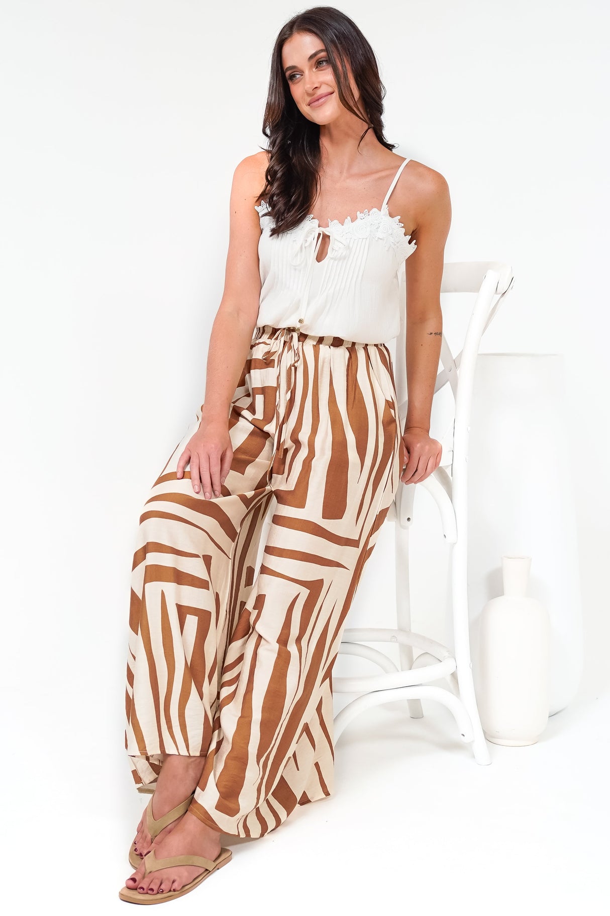 Saturday Pants - High Paperbag Waist Wide Leg Pants with Waist Tie in Tyla Print Tan