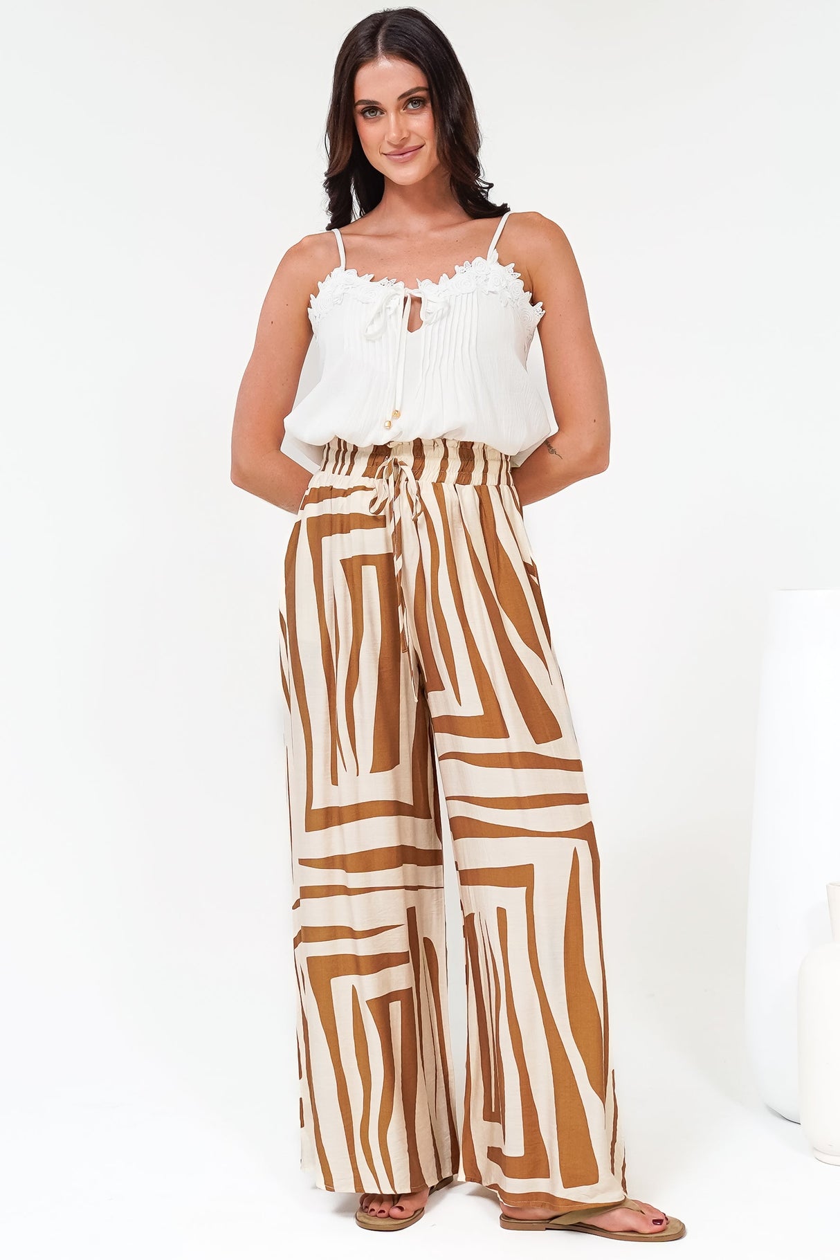 Saturday Pants - High Paperbag Waist Wide Leg Pants with Waist Tie in Tyla Print Tan