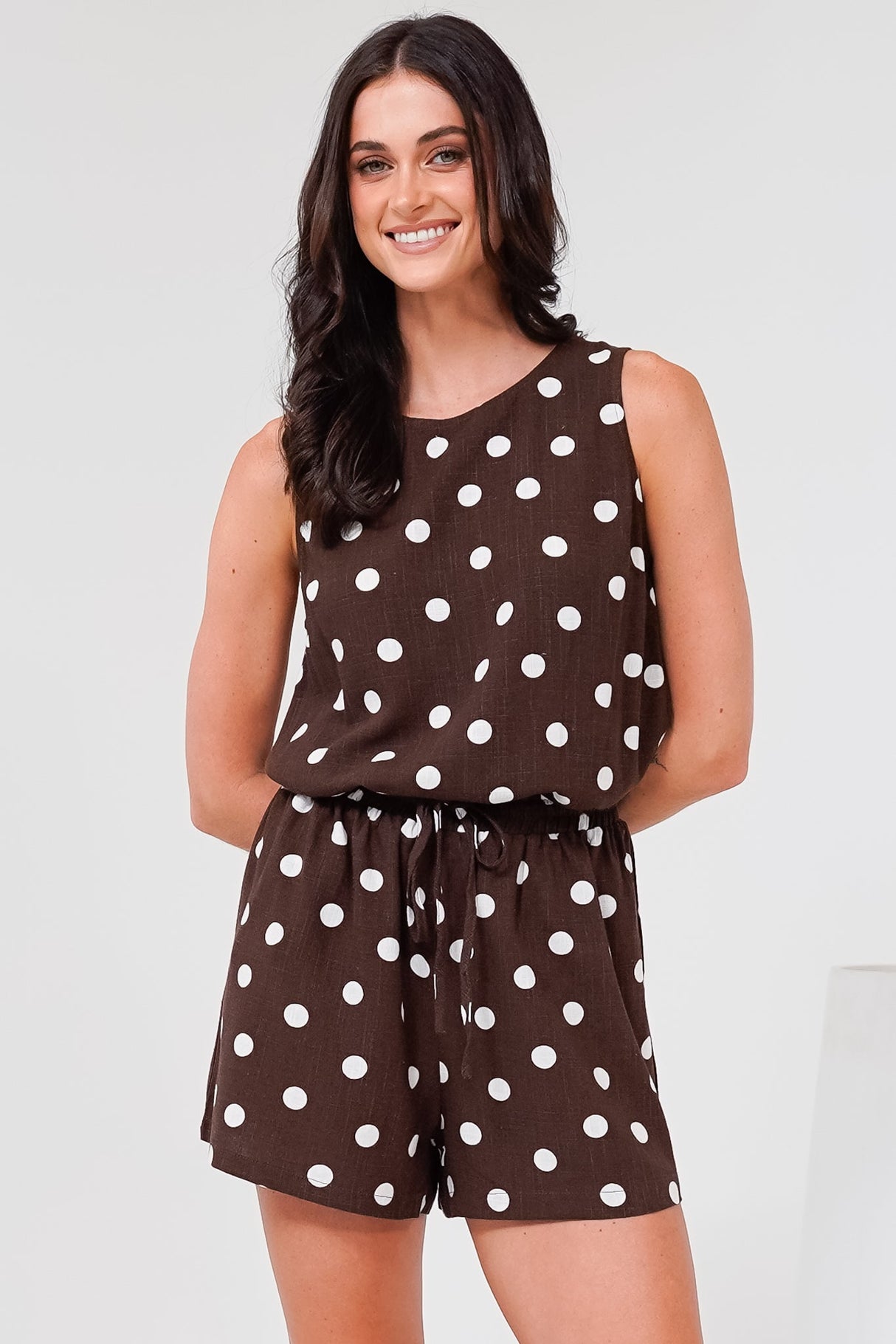 Saturn Set - Crew Neck Sleeveless Top with Side Splits and Drawstring Waist Shorts in Kitson Spot Print Chocolate
