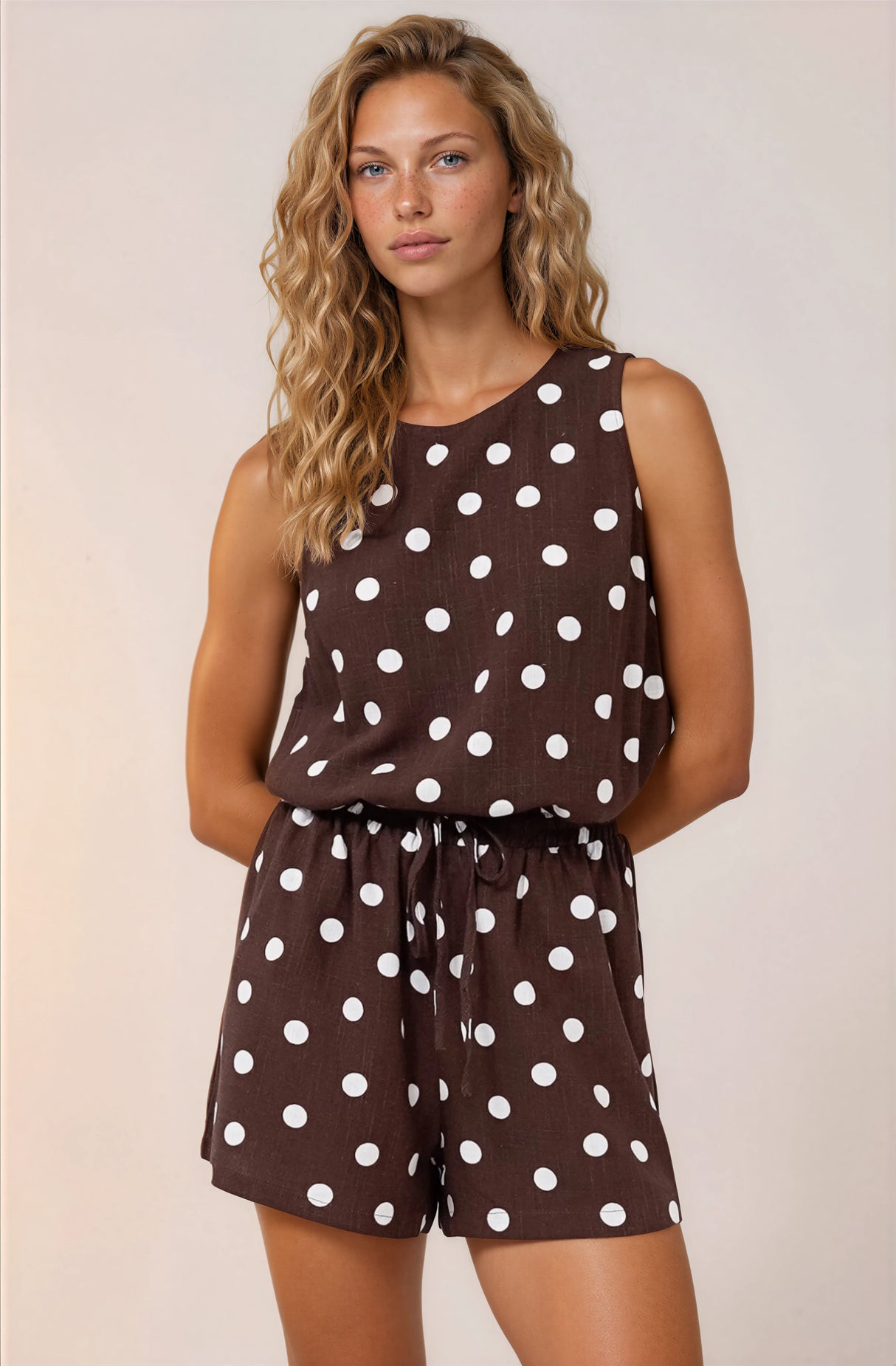 Saturn Set - Crew Neck Sleeveless Top with Side Splits and Drawstring Waist Shorts in Kitson Spot Print Chocolate
