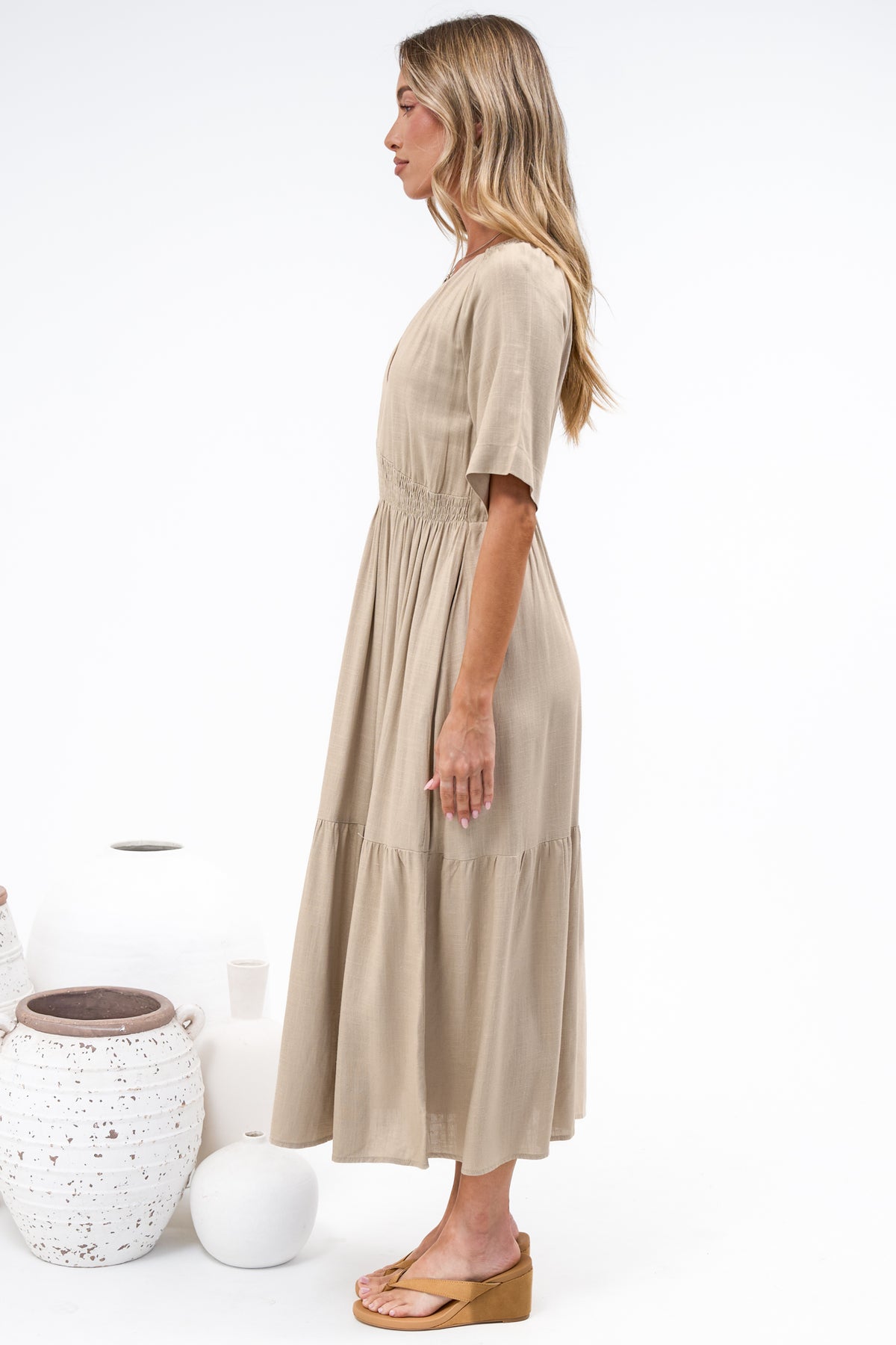 Savannah Midi Dress - V Neck Shirred Waist A Line Linen Dress with Short Sleeves in Beige