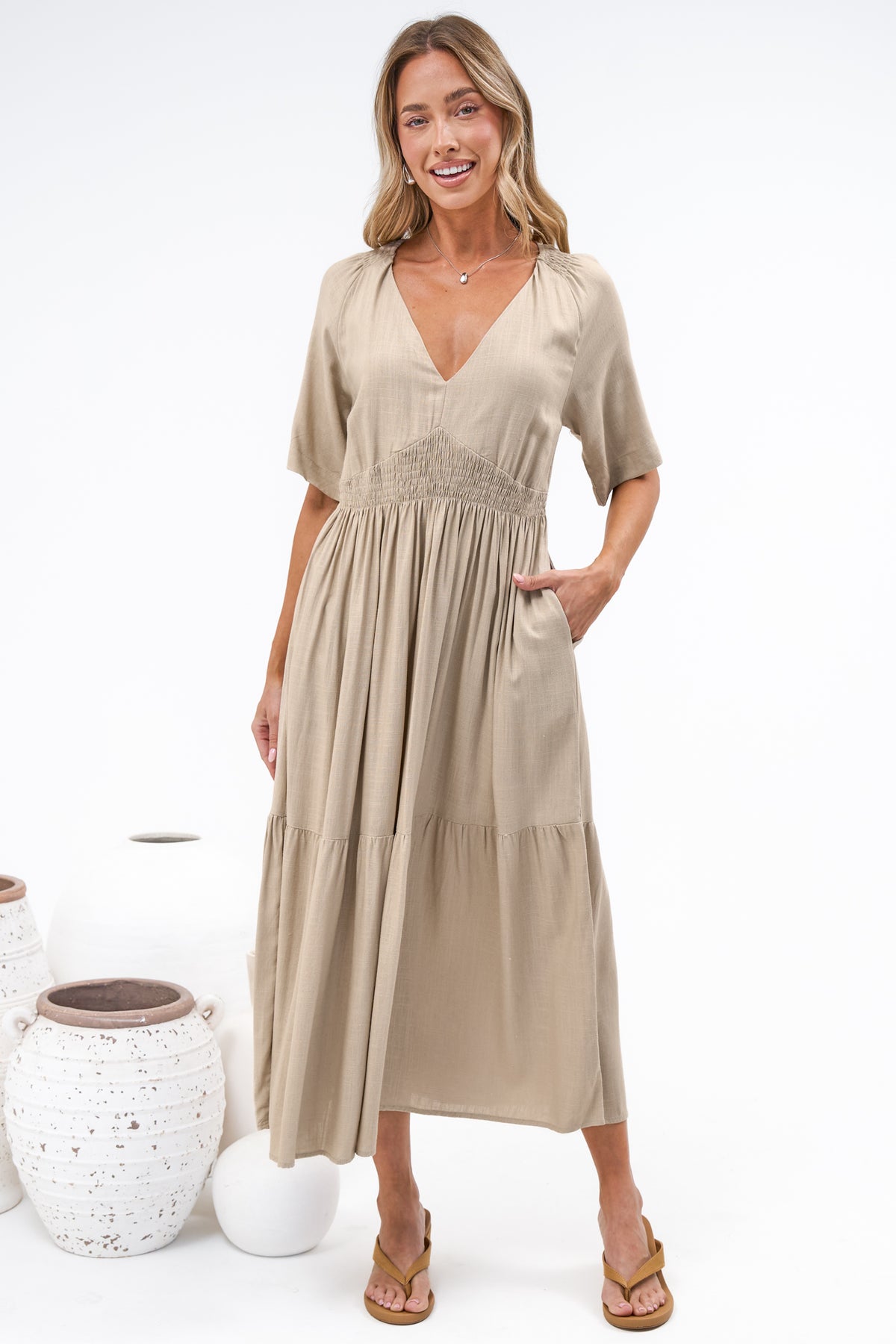 Savannah Midi Dress - V Neck Shirred Waist A Line Linen Dress with Short Sleeves in Beige