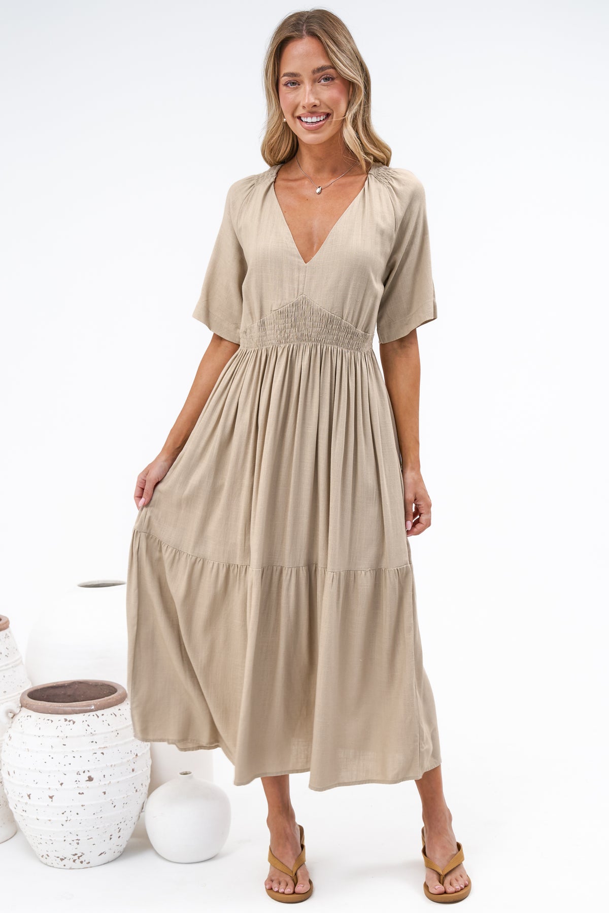 Savannah Midi Dress - V Neck Shirred Waist A Line Linen Dress with Short Sleeves in Beige