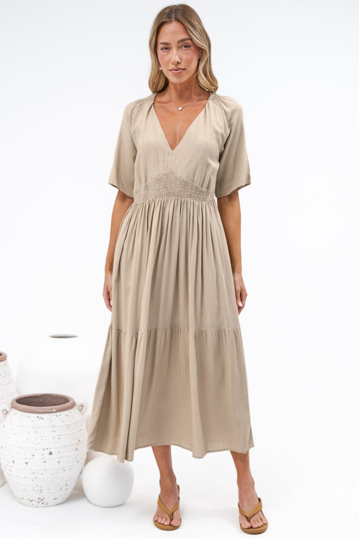 Savannah Midi Dress - V Neck Shirred Waist A Line Linen Dress with Short Sleeves in Beige