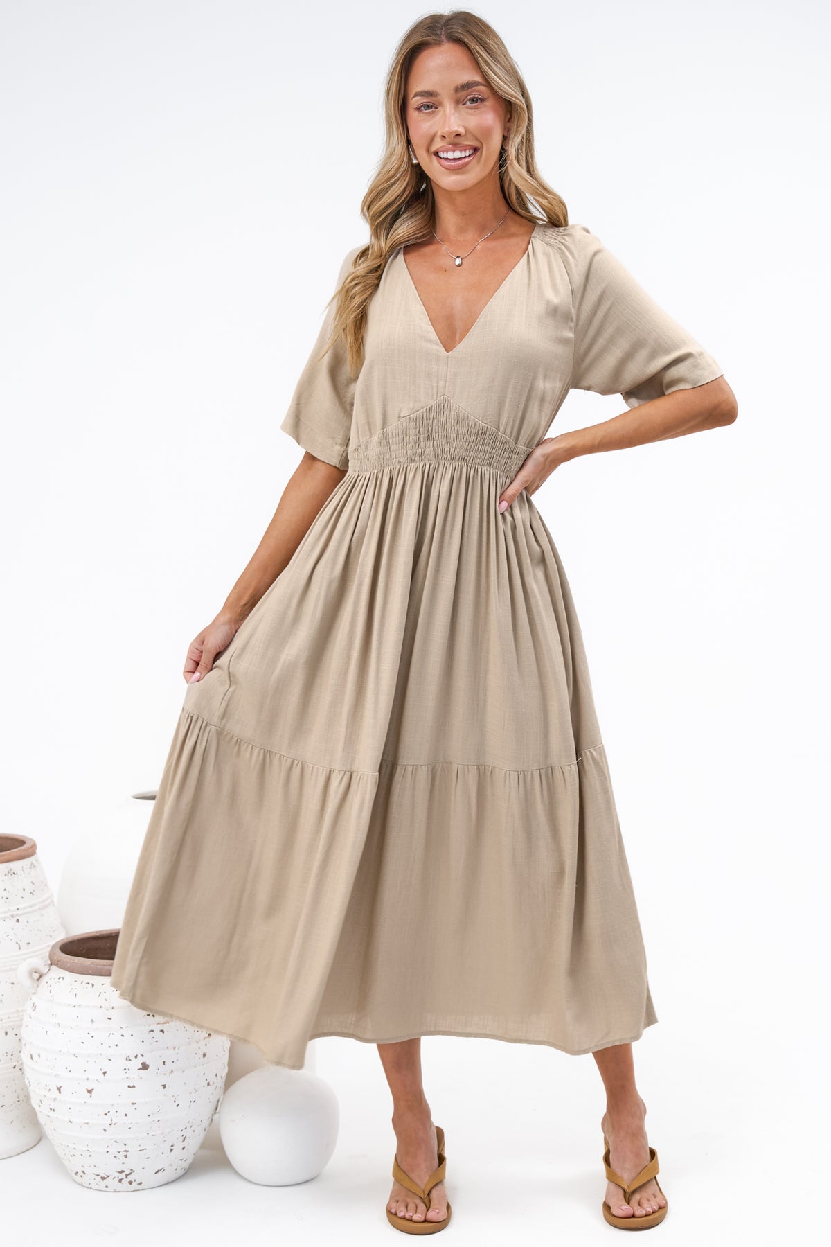 Savannah Midi Dress - V Neck Shirred Waist A Line Linen Dress with Short Sleeves in Beige