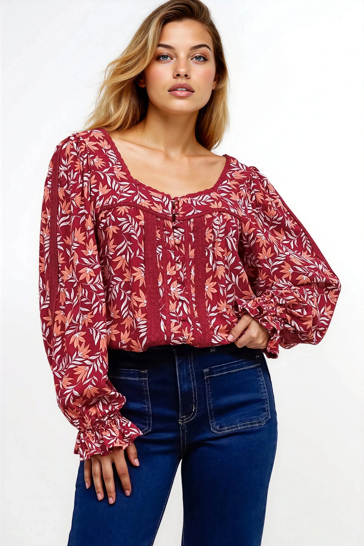 Savvy Blouse - Milkmaid Neckline Lace Trim Button Down in Roux Print