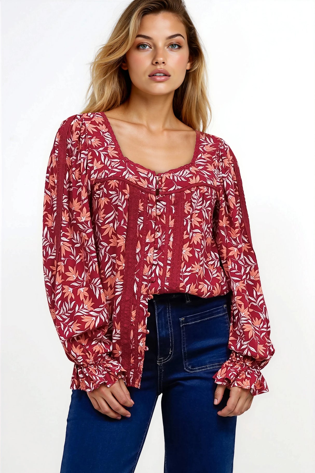 Savvy Blouse - Milkmaid Neckline Lace Trim Button Down in Roux Print