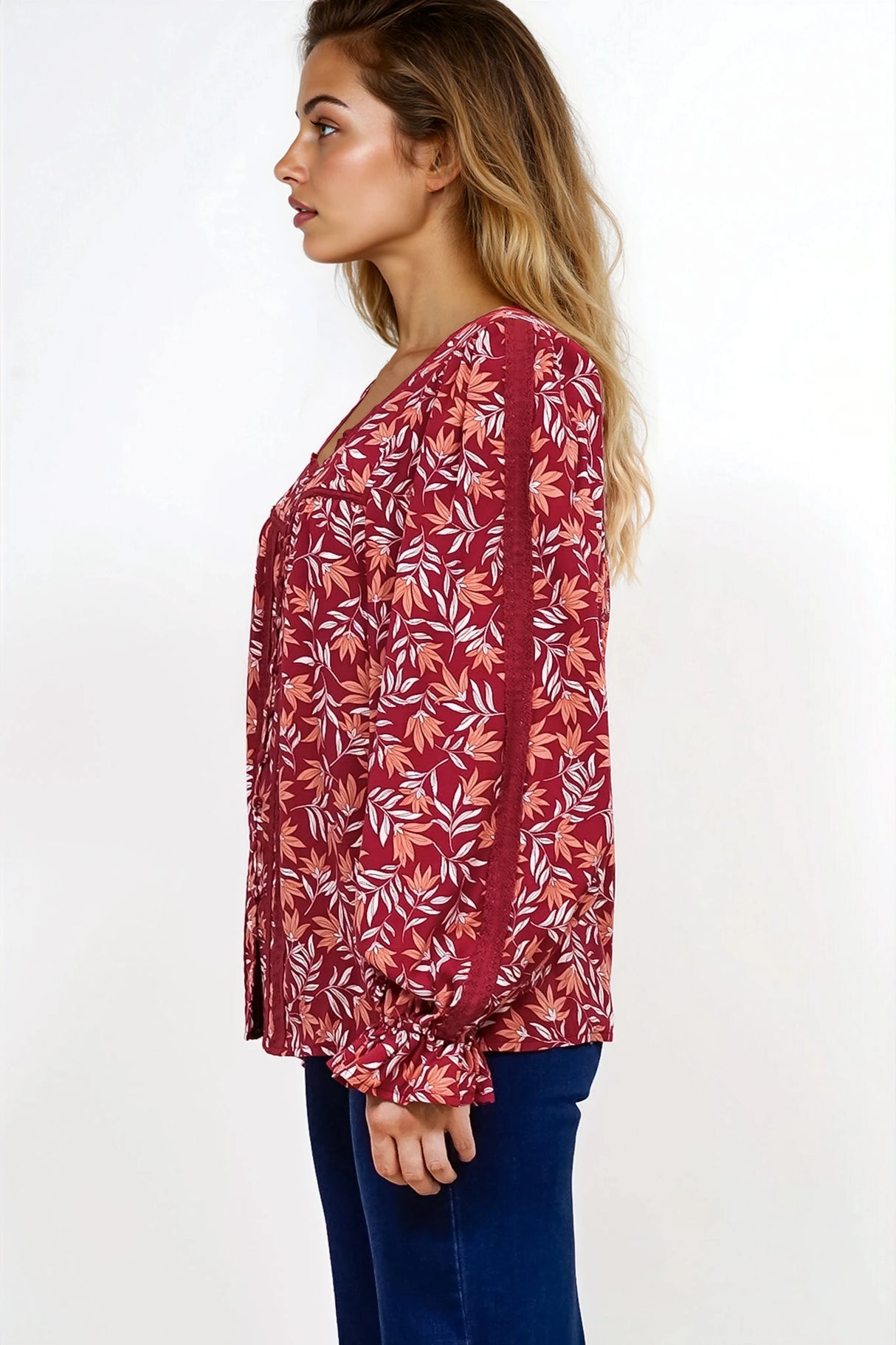 Savvy Blouse - Milkmaid Neckline Lace Trim Button Down in Roux Print