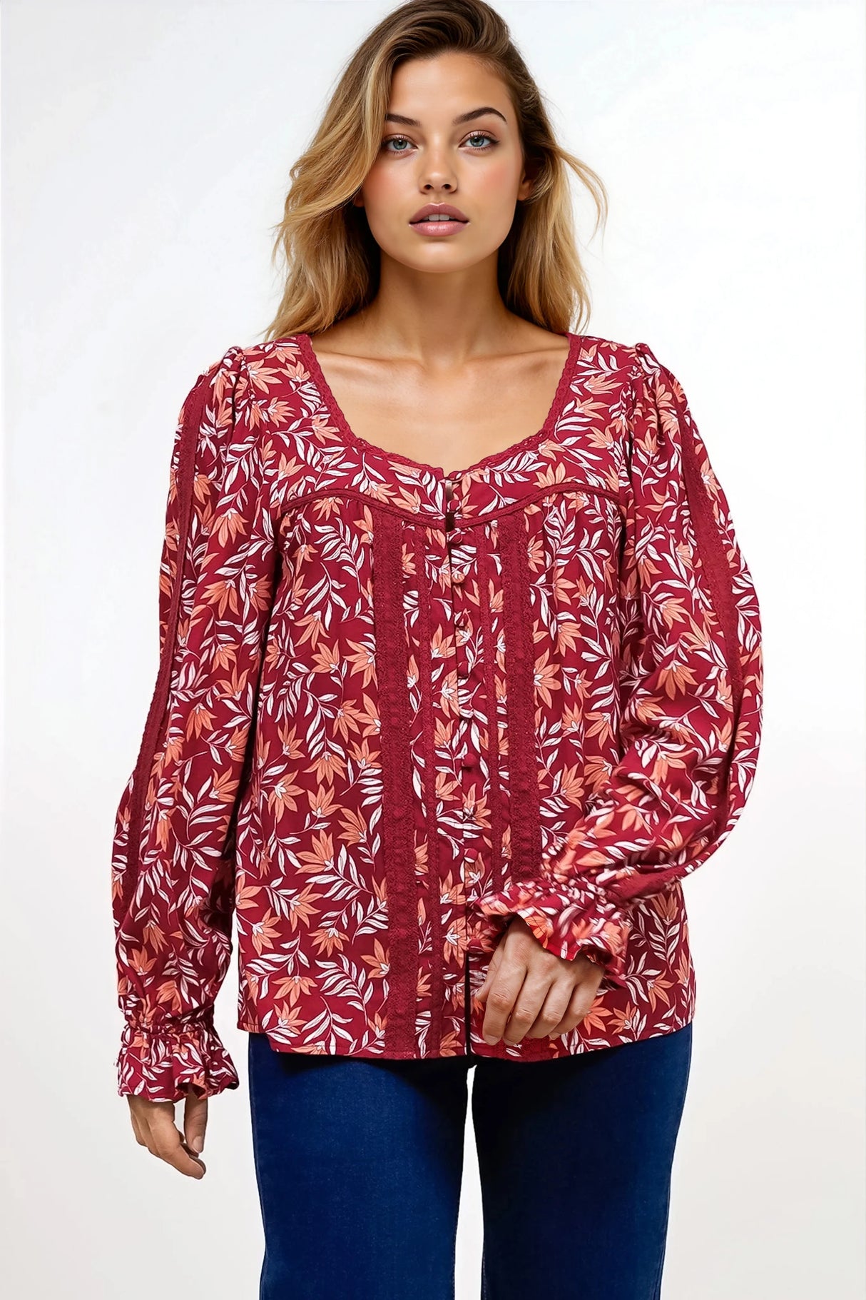 Savvy Blouse - Milkmaid Neckline Lace Trim Button Down in Roux Print