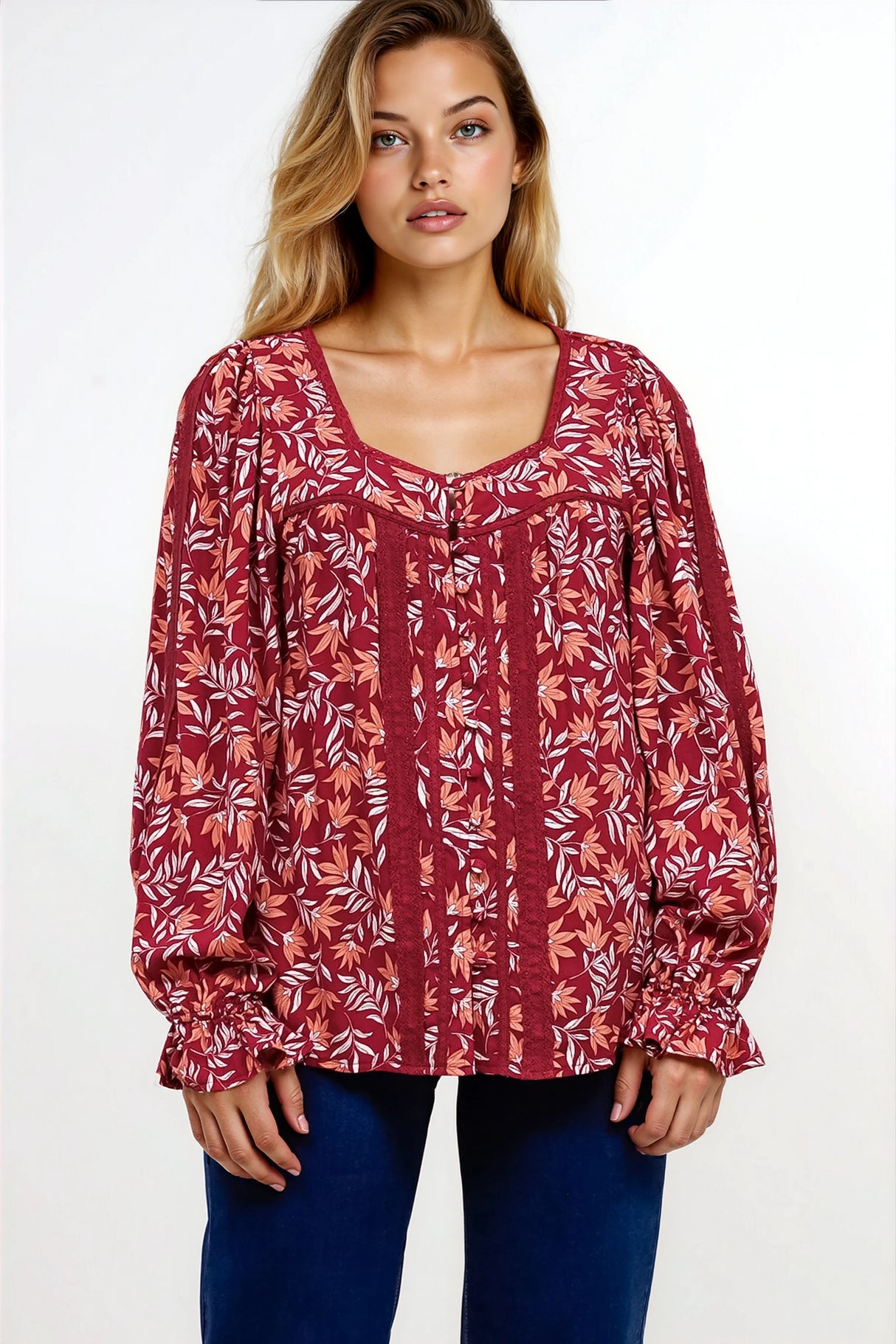 Savvy Blouse - Milkmaid Neckline Lace Trim Button Down in Roux Print