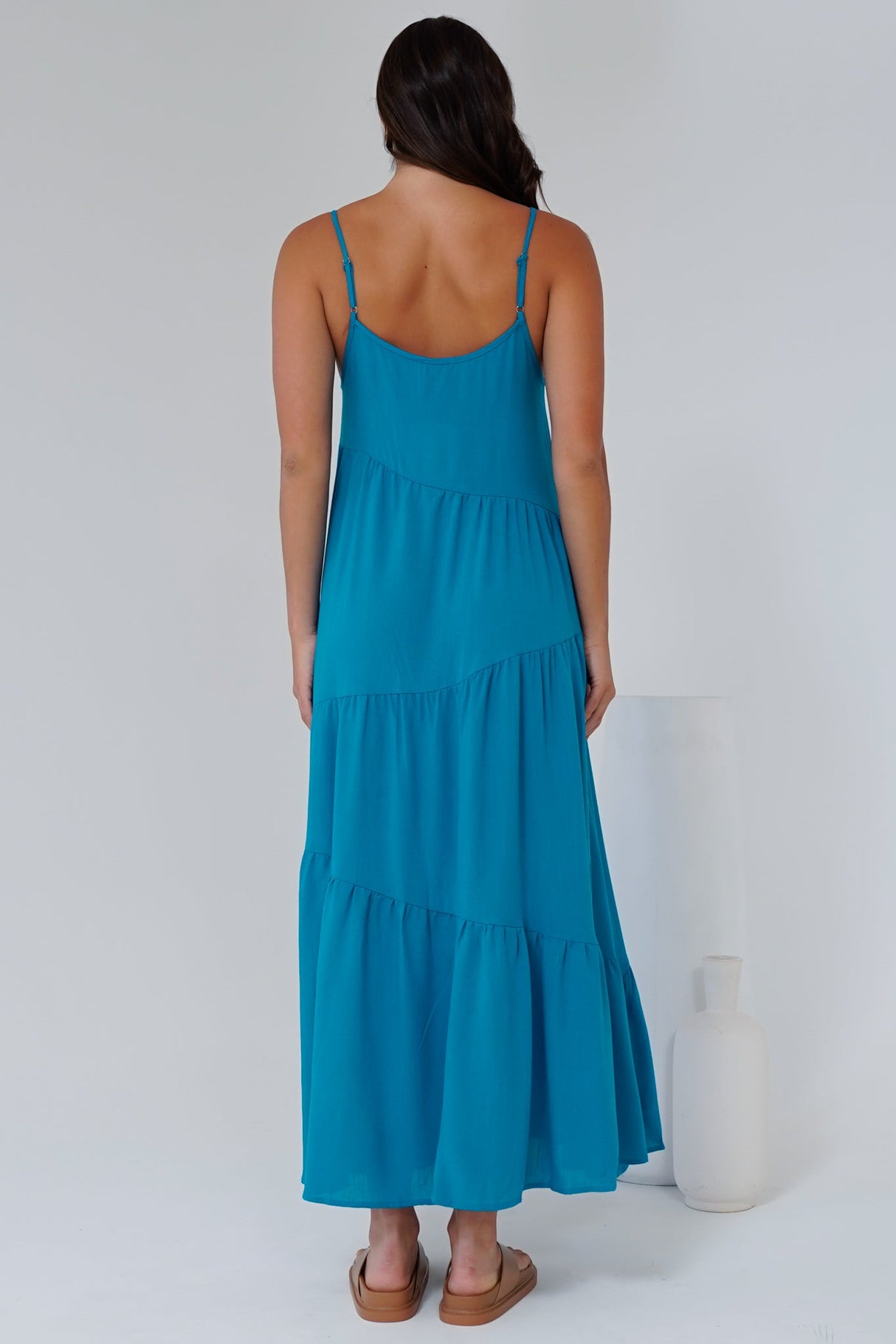Saylor Maxi Dress - Spaghetti Strap Asymmetric Tiered Dress in Turquoise