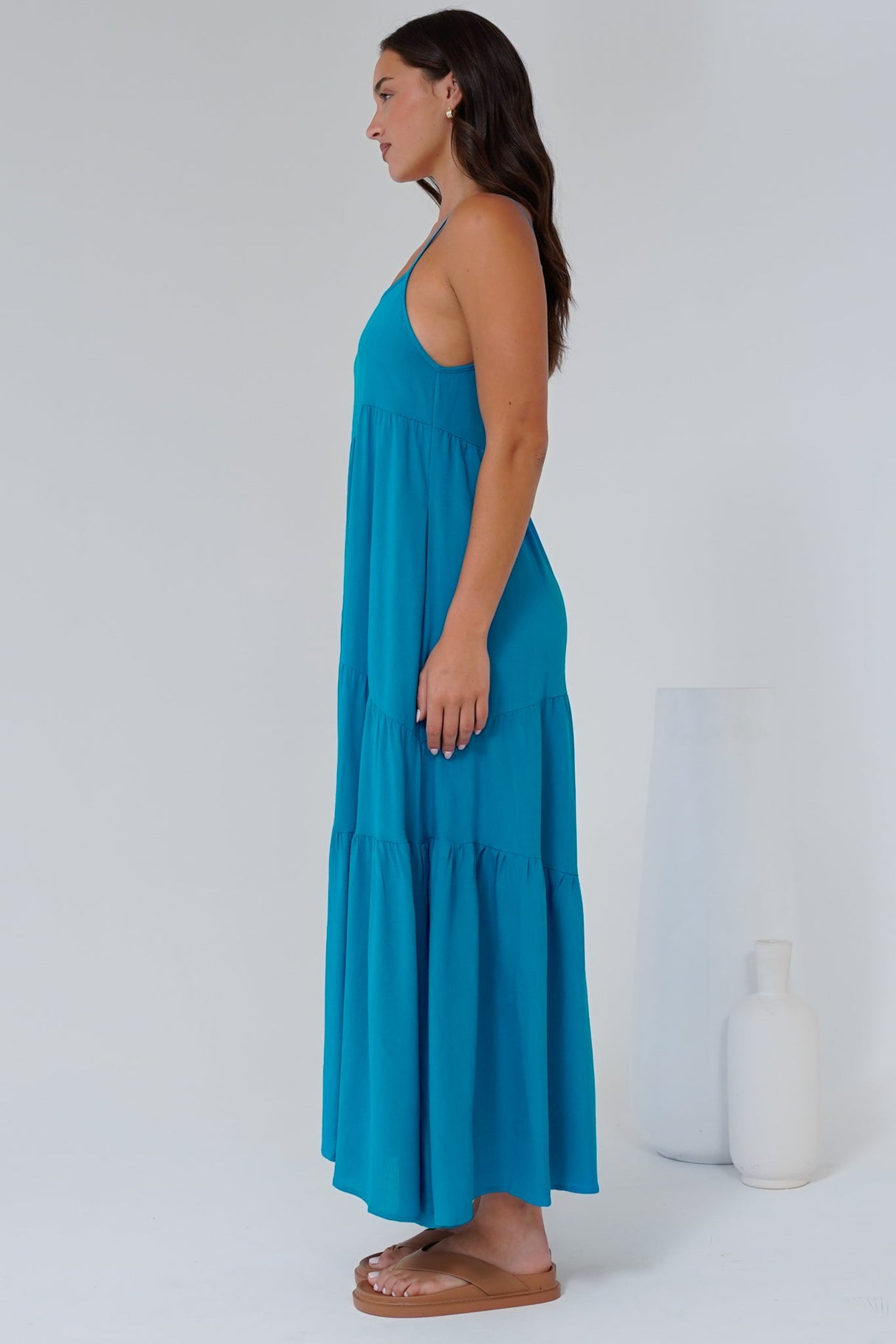 Saylor Maxi Dress - Spaghetti Strap Asymmetric Tiered Dress in Turquoise