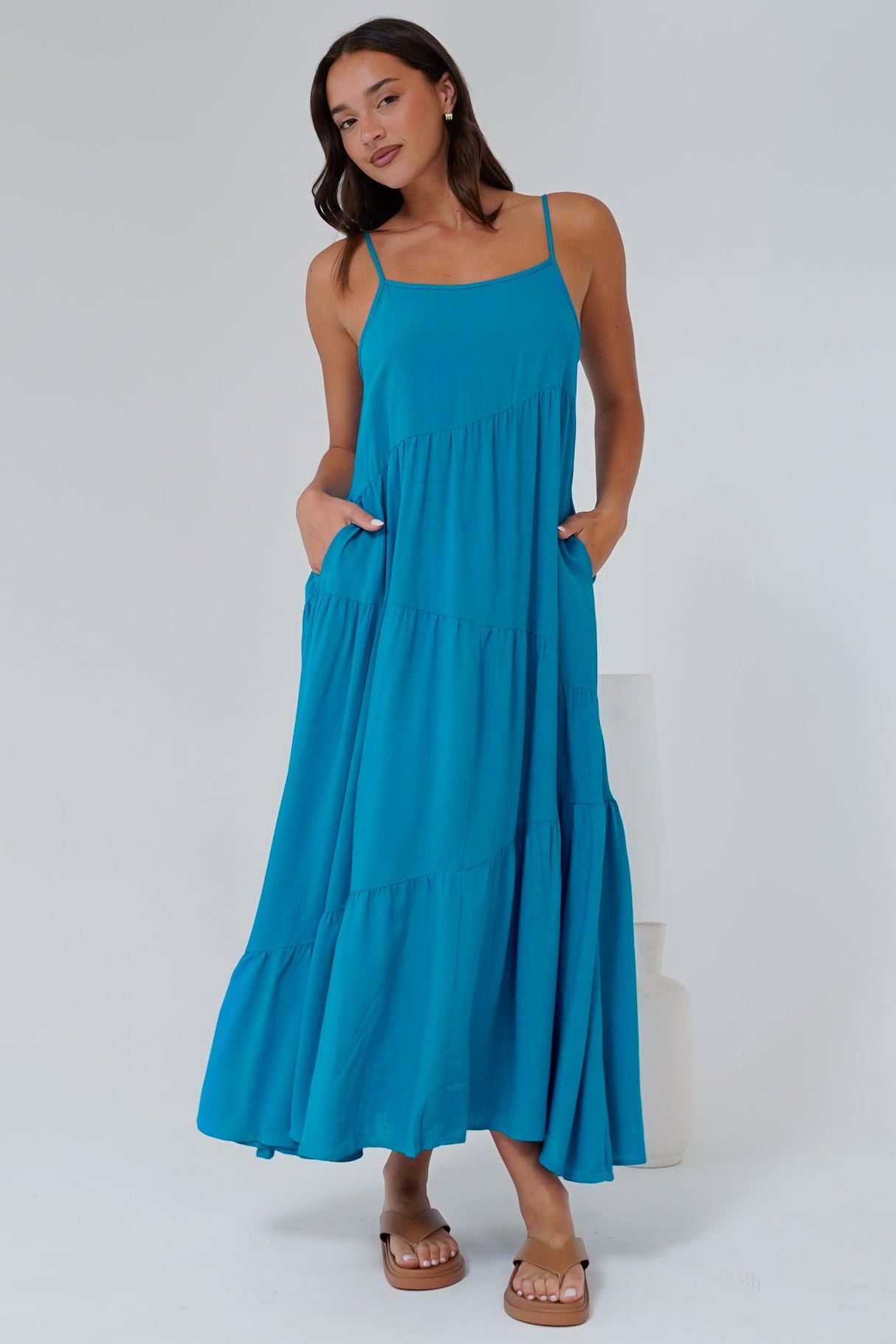 Saylor Maxi Dress - Spaghetti Strap Asymmetric Tiered Dress in Turquoise