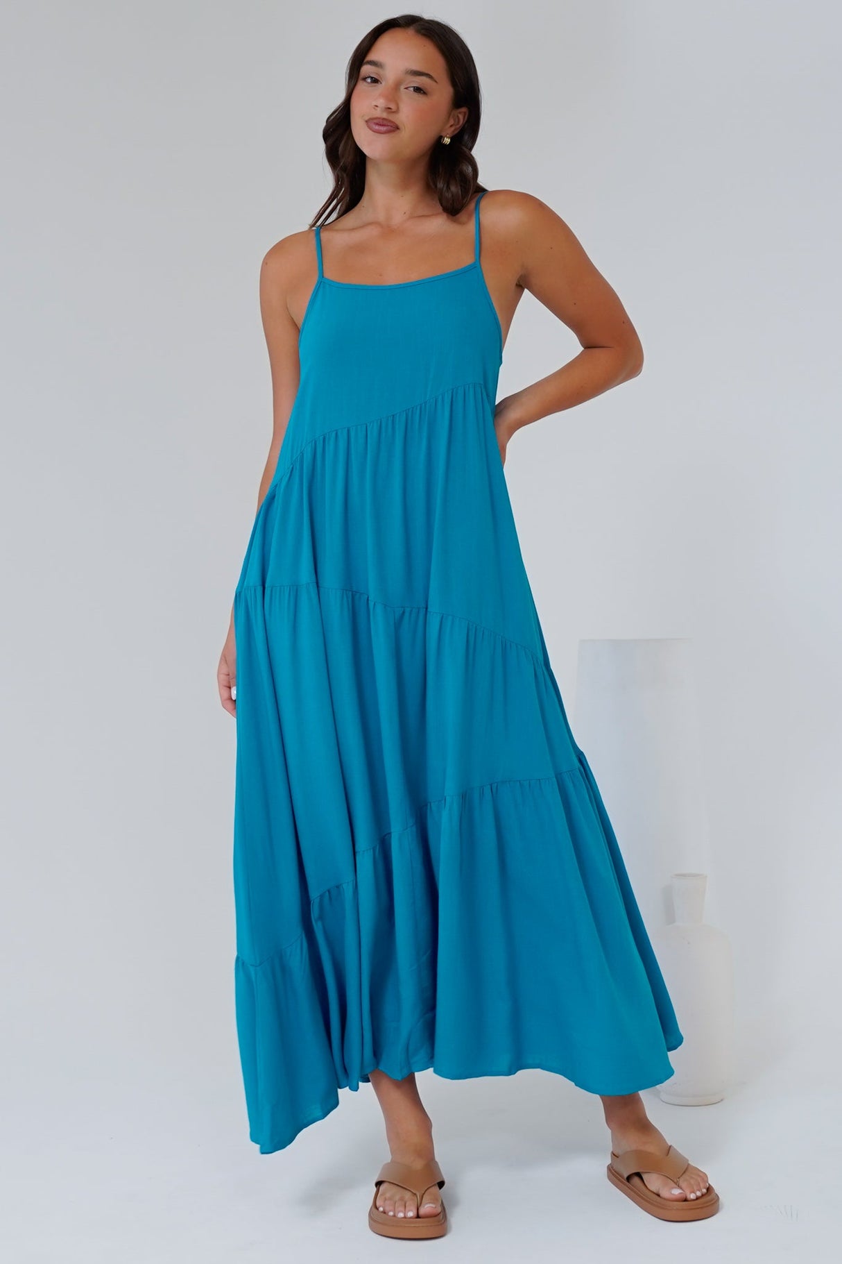Saylor Maxi Dress - Spaghetti Strap Asymmetric Tiered Dress in Turquoise