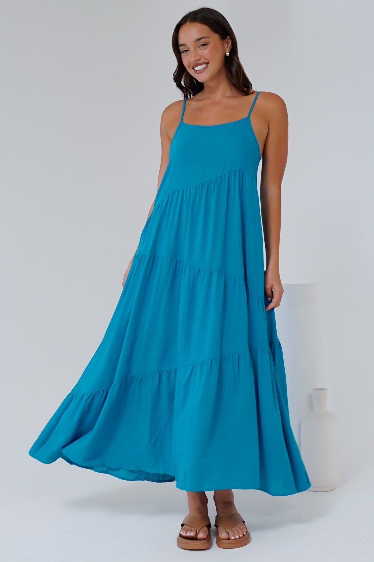 Saylor Maxi Dress - Spaghetti Strap Asymmetric Tiered Dress in Turquoise