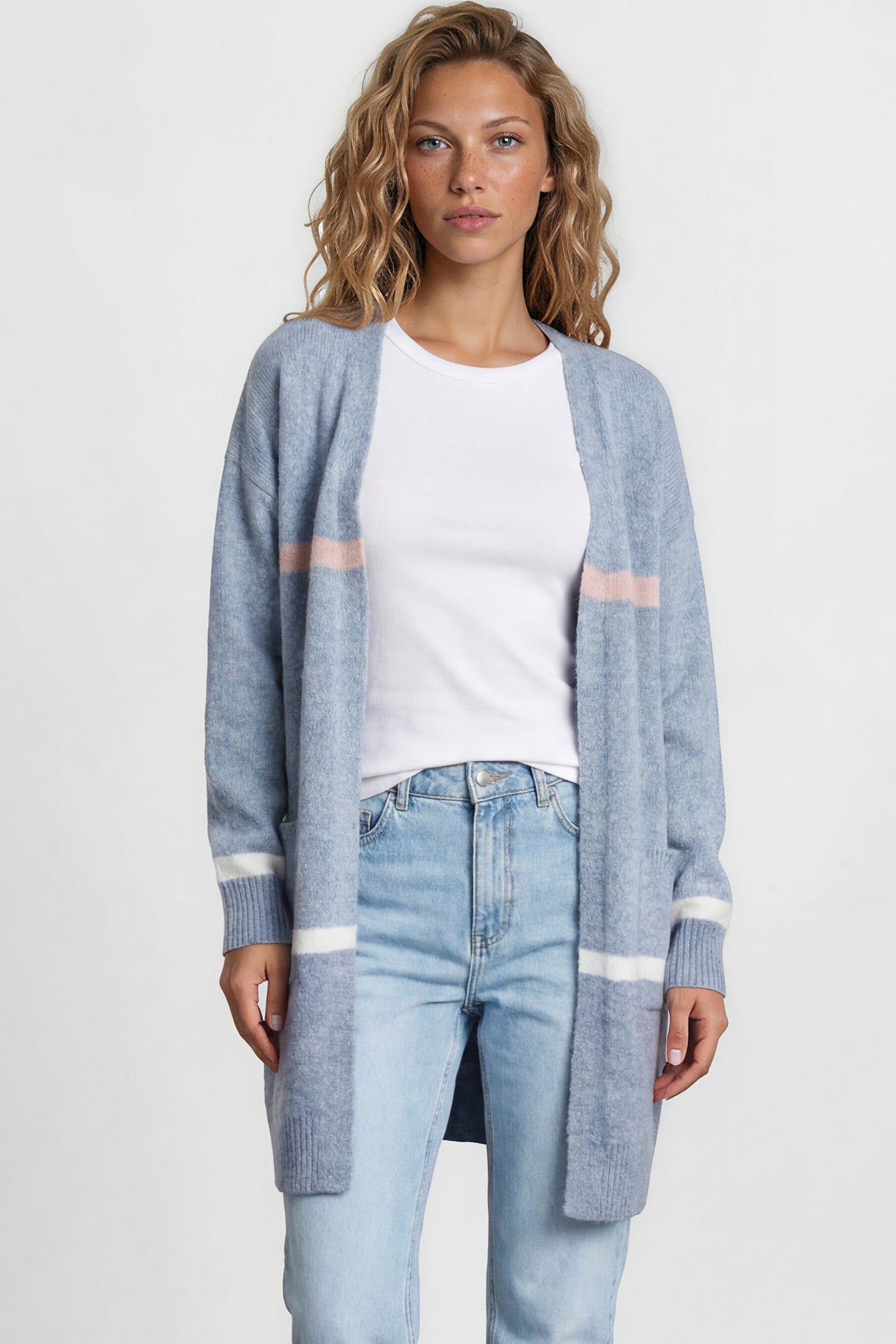 Model wearing Saylor Cardigan in Blue from Salty Crush