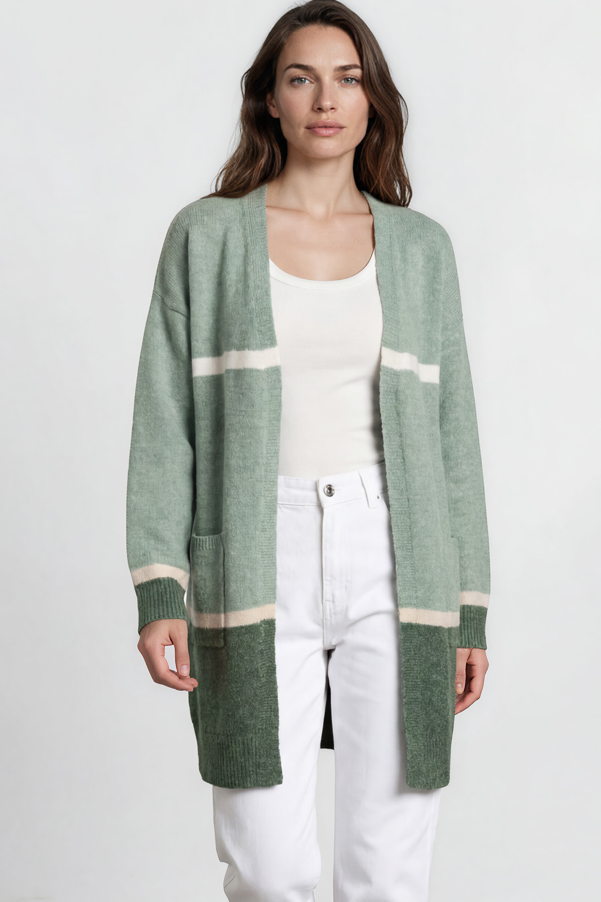 Model wearing Saylor Cardigan in Green from Salty Crush