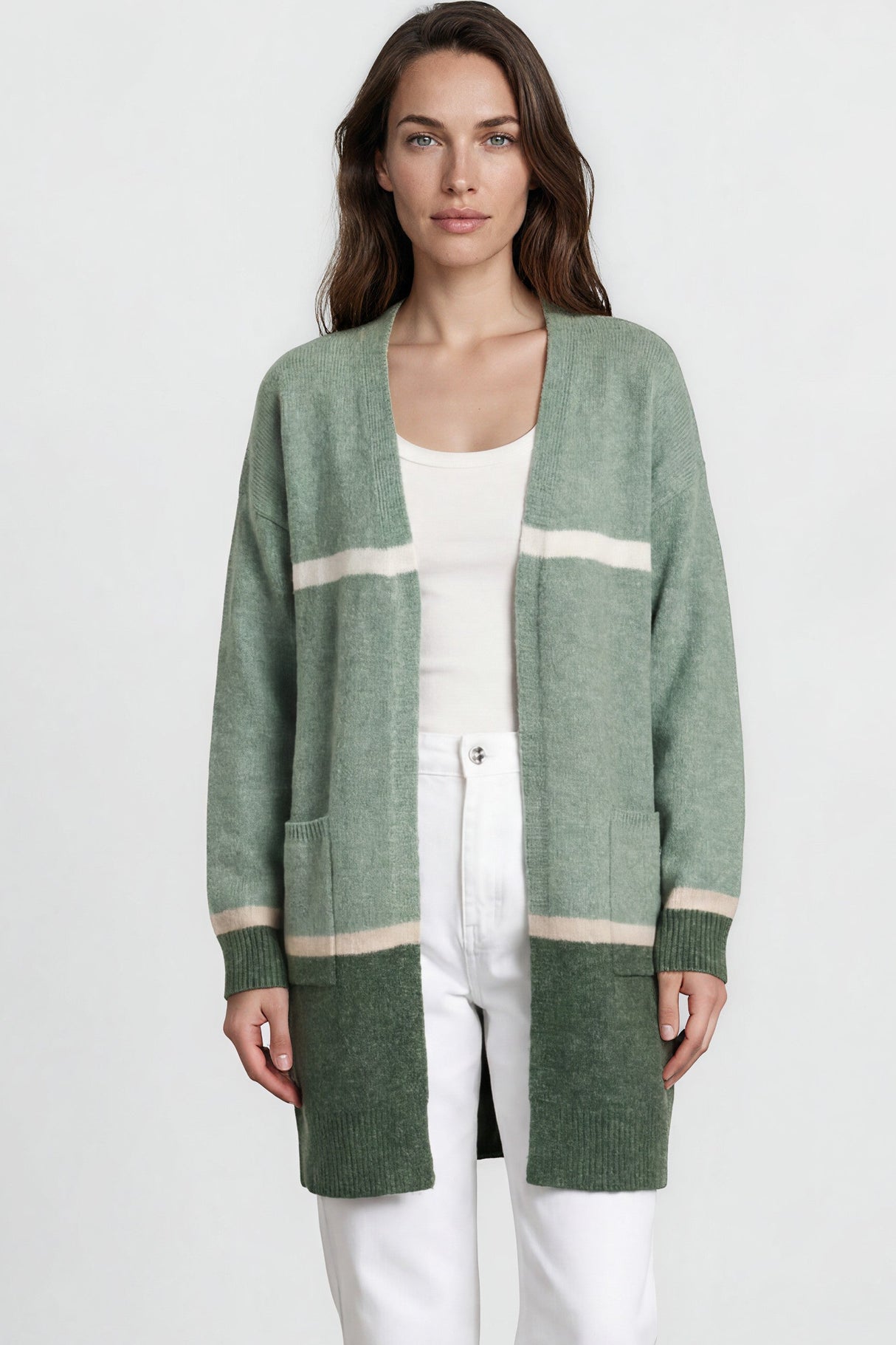 Model wearing Saylor Cardigan in Green from Salty Crush