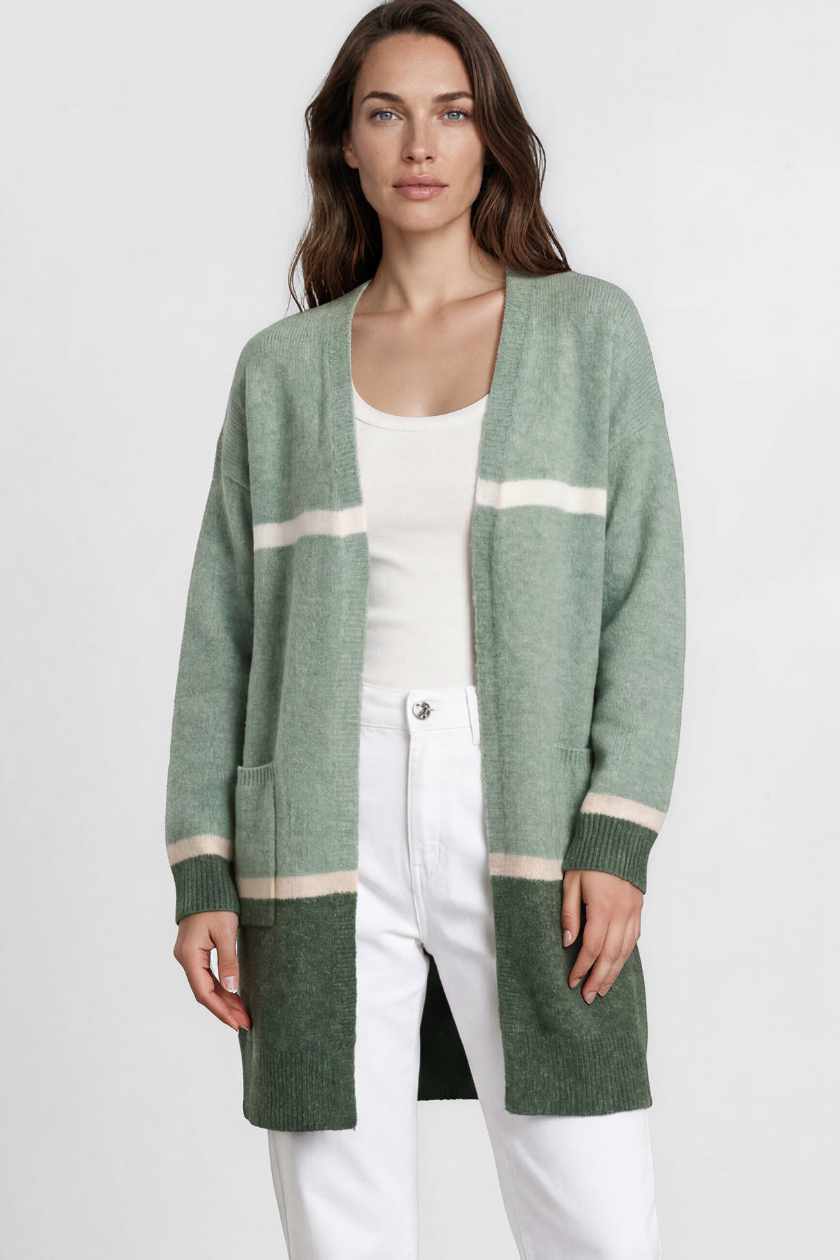 Model wearing Saylor Cardigan in Green from Salty Crush
