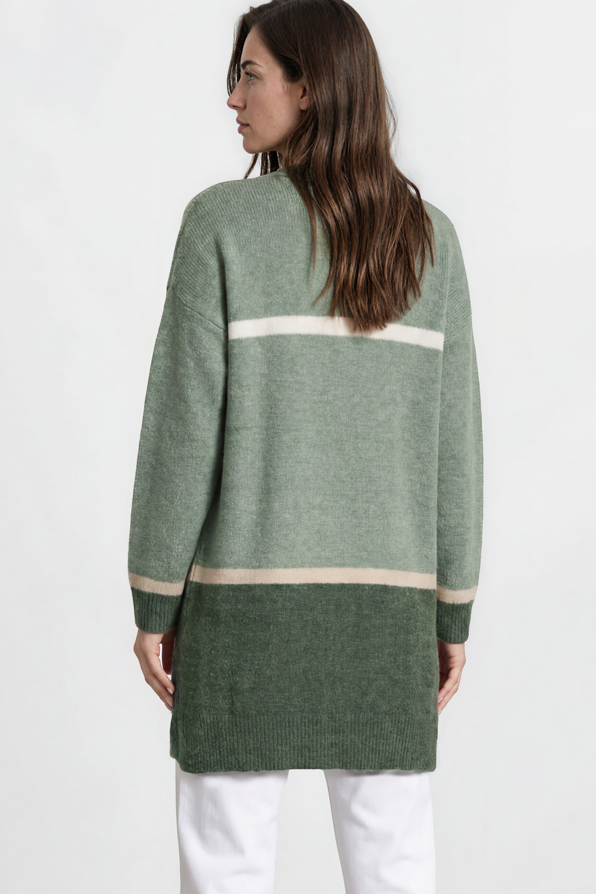 Model wearing Saylor Cardigan in Green from Salty Crush