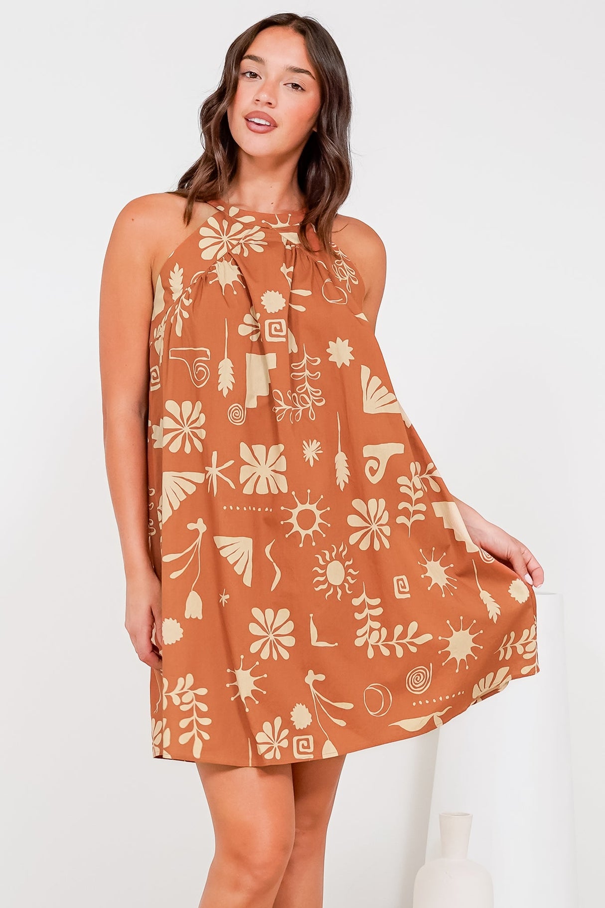 Schafer Mini Dress - Halter Neck Shift Dress in Solana Print