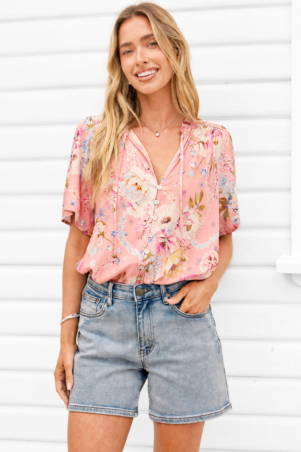 Scheana Blouse - Frill Collar Button Down with Flutter Sleeves in Ginnee Print