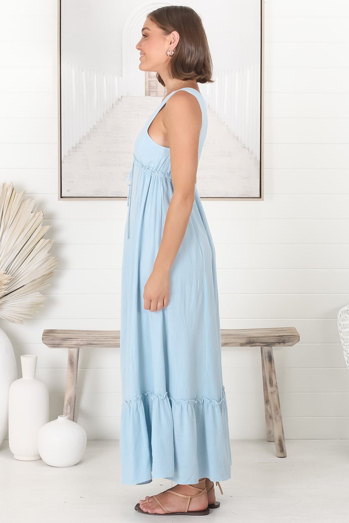 Scout Linen Maxi Dress - Thick Strap Adjustable Bust with Tie Linen Blend Sun Dress in Blue
