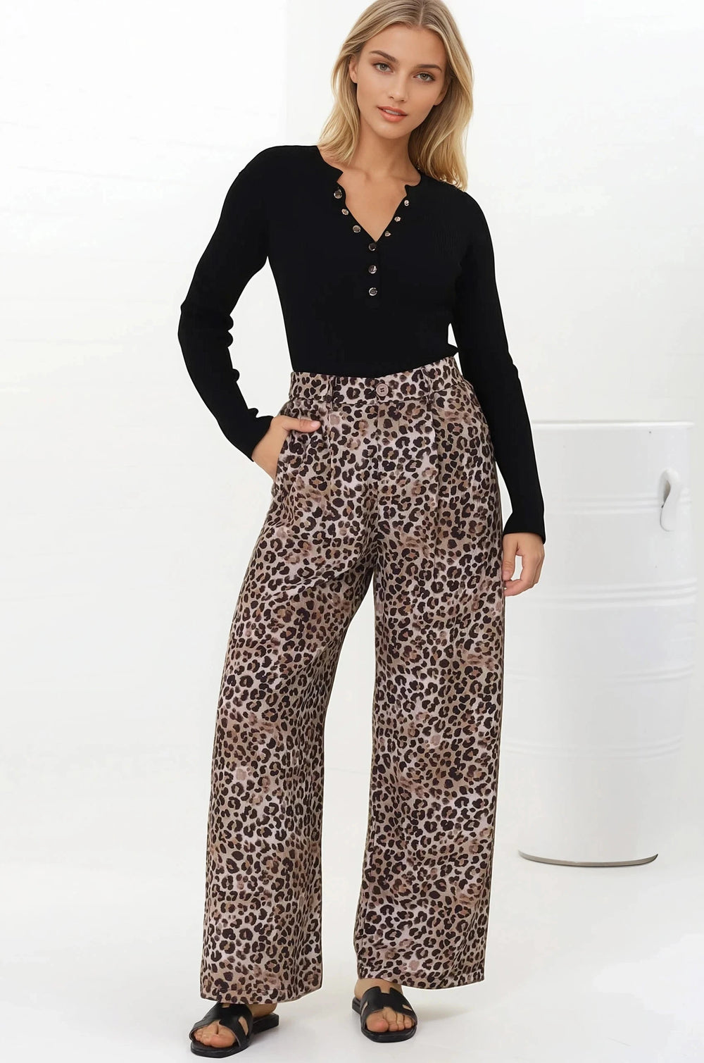 Sebastian Pants - High Waisted Straight Leg Pants in Leopard Print