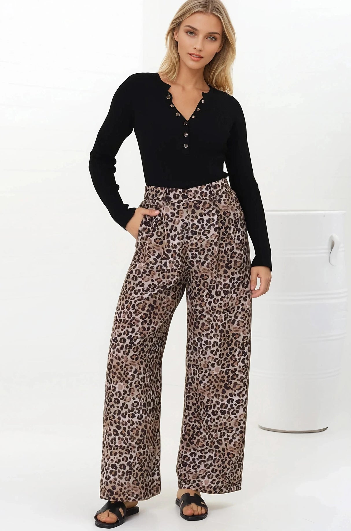 Sebastian Pants - High Waisted Straight Leg Pants in Leopard Print
