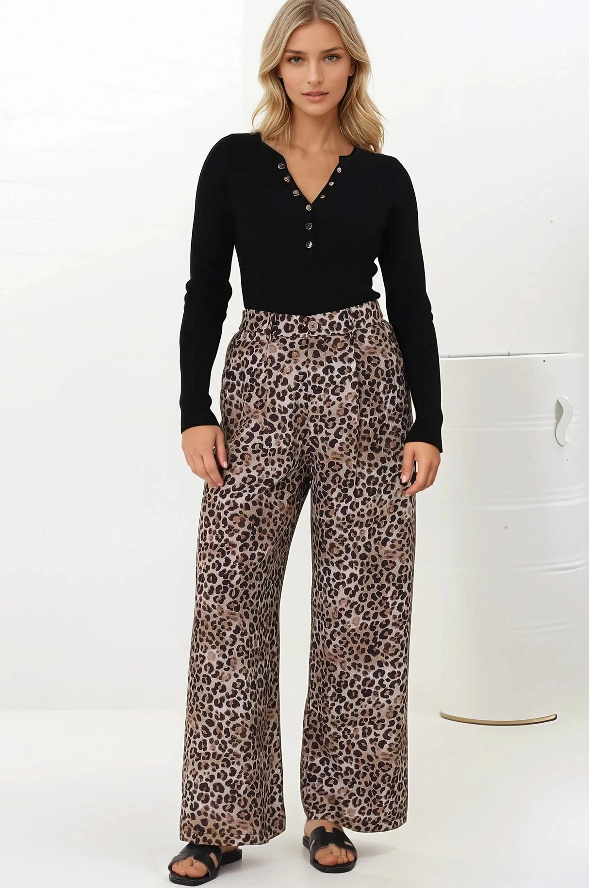 Sebastian Pants - High Waisted Straight Leg Pants in Leopard Print