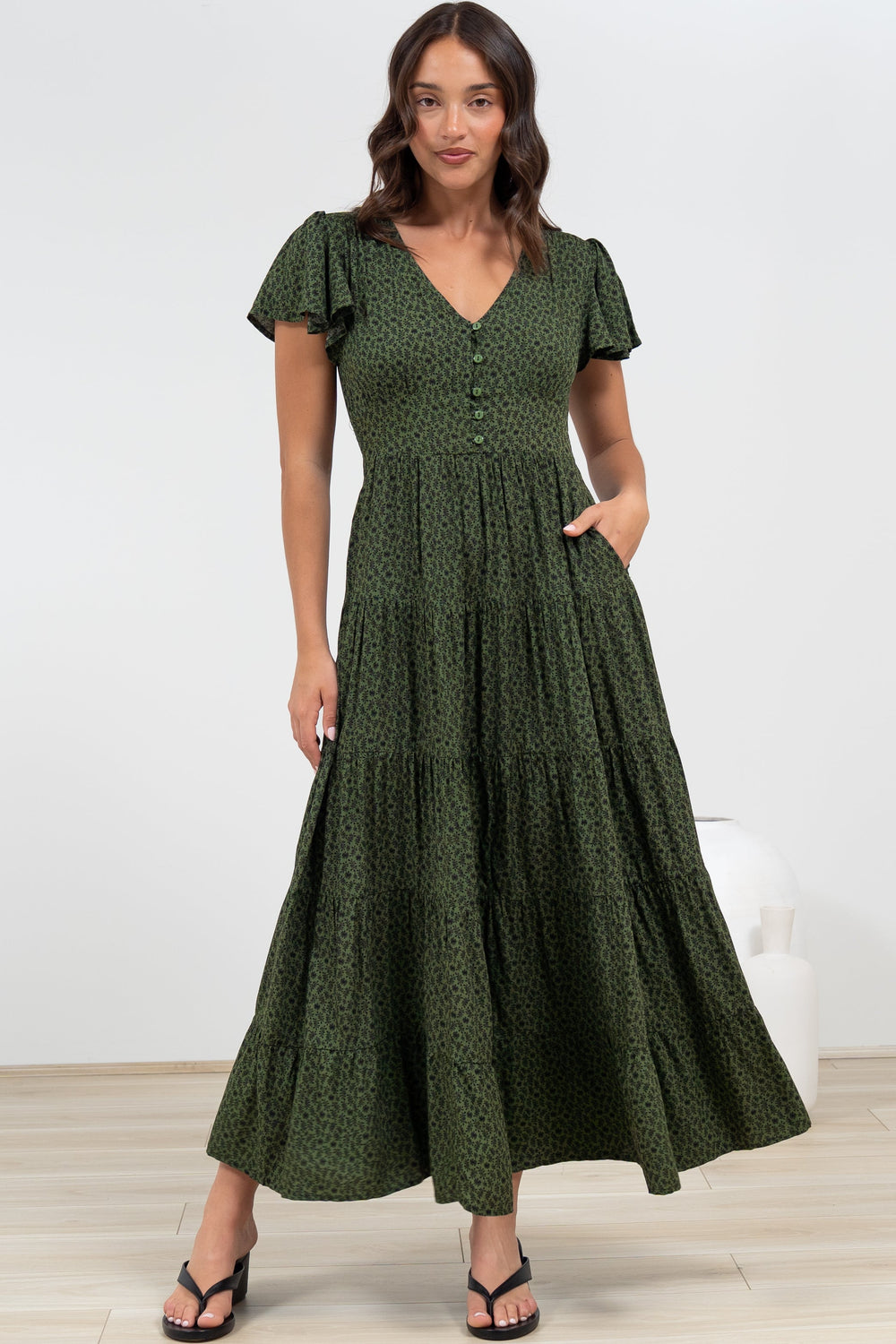 Selena Maxi Dress - Tiered A-Line Dress with Flutter Cap Sleeves in Borah Print Green