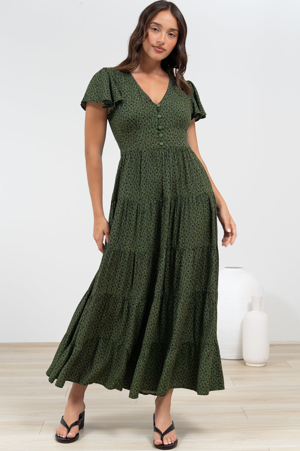 Selena Maxi Dress - Tiered A-Line Dress with Flutter Cap Sleeves in Borah Print Green