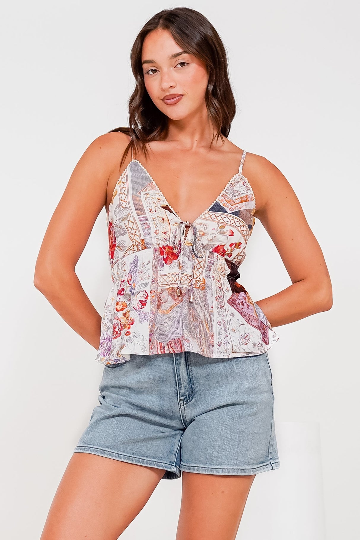 Selita Cami - Adjustable Strap Low V Neckline Cami with Tie at Bust in Elaine Print White