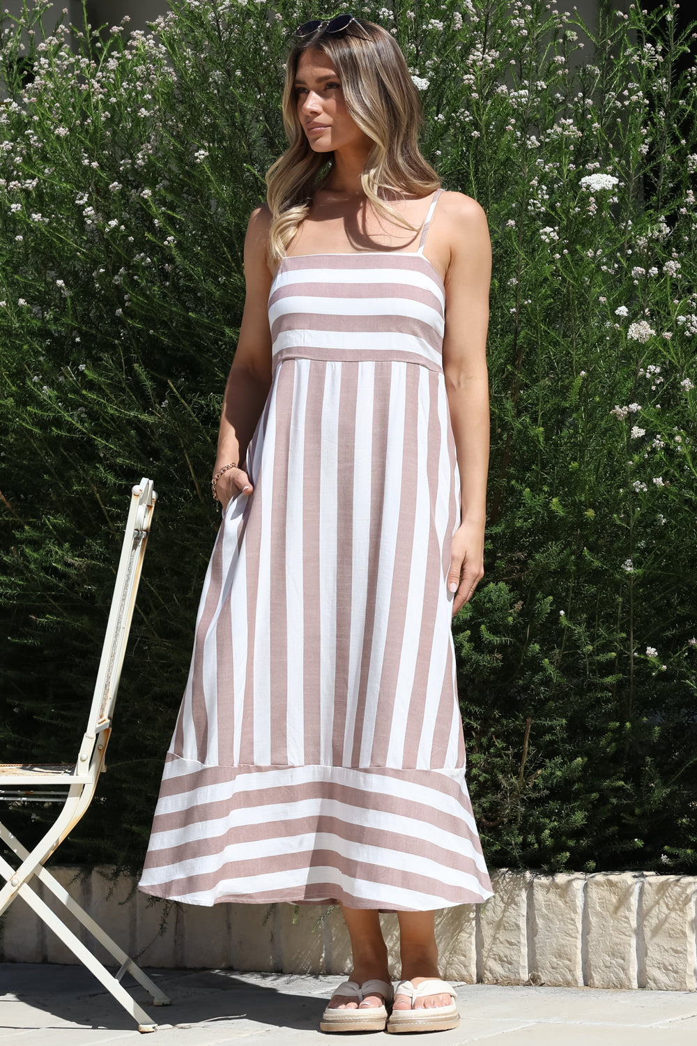 Sennia Midi Dress - Adjustable Spaghetti Strap Sun Dress in Gaubi Print Beige