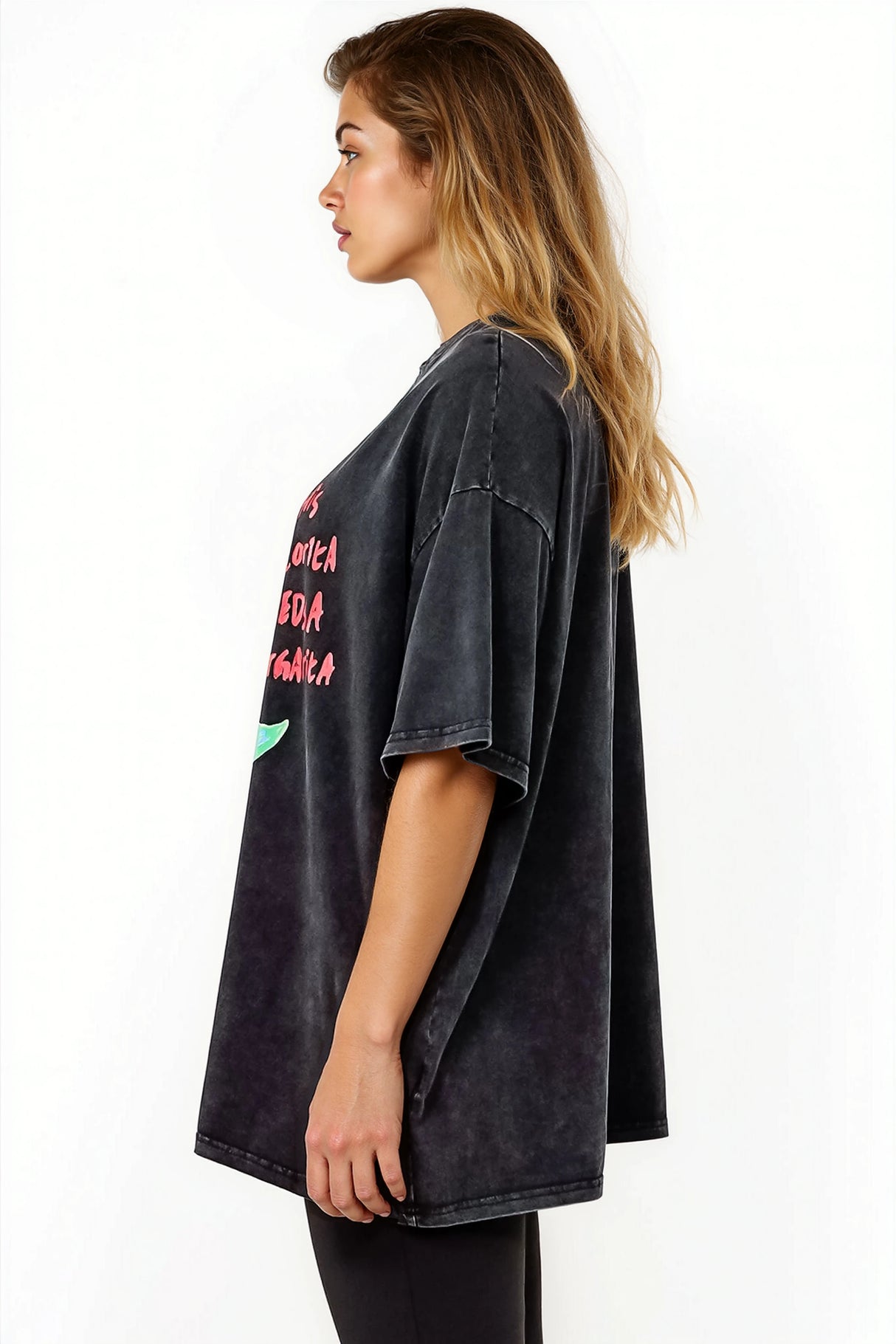 Senorita Margarita Tee - Crew Neck Oversized Graphic Tee in Black Acid Wash