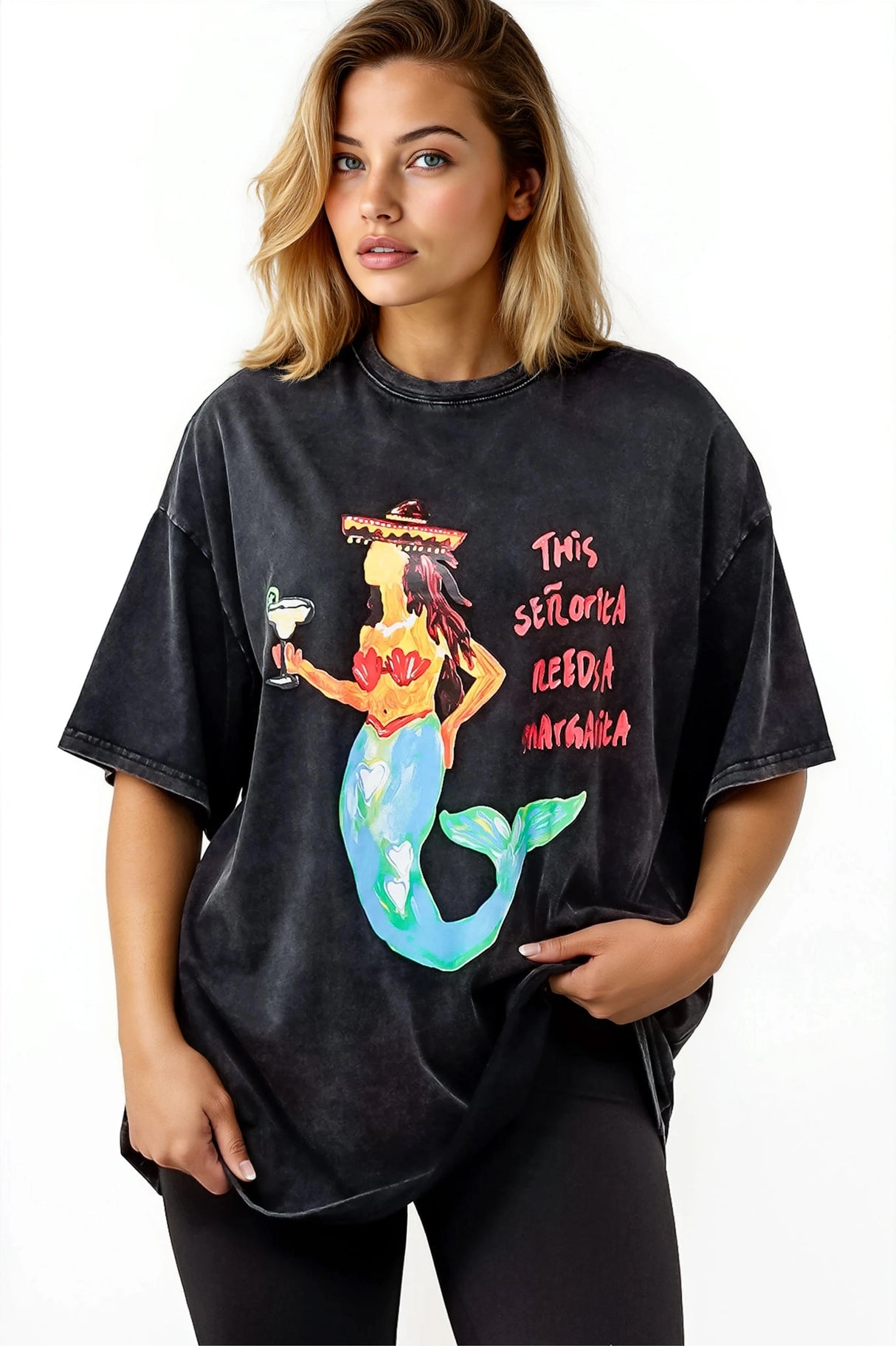 Senorita Margarita Tee - Crew Neck Oversized Graphic Tee in Black Acid Wash
