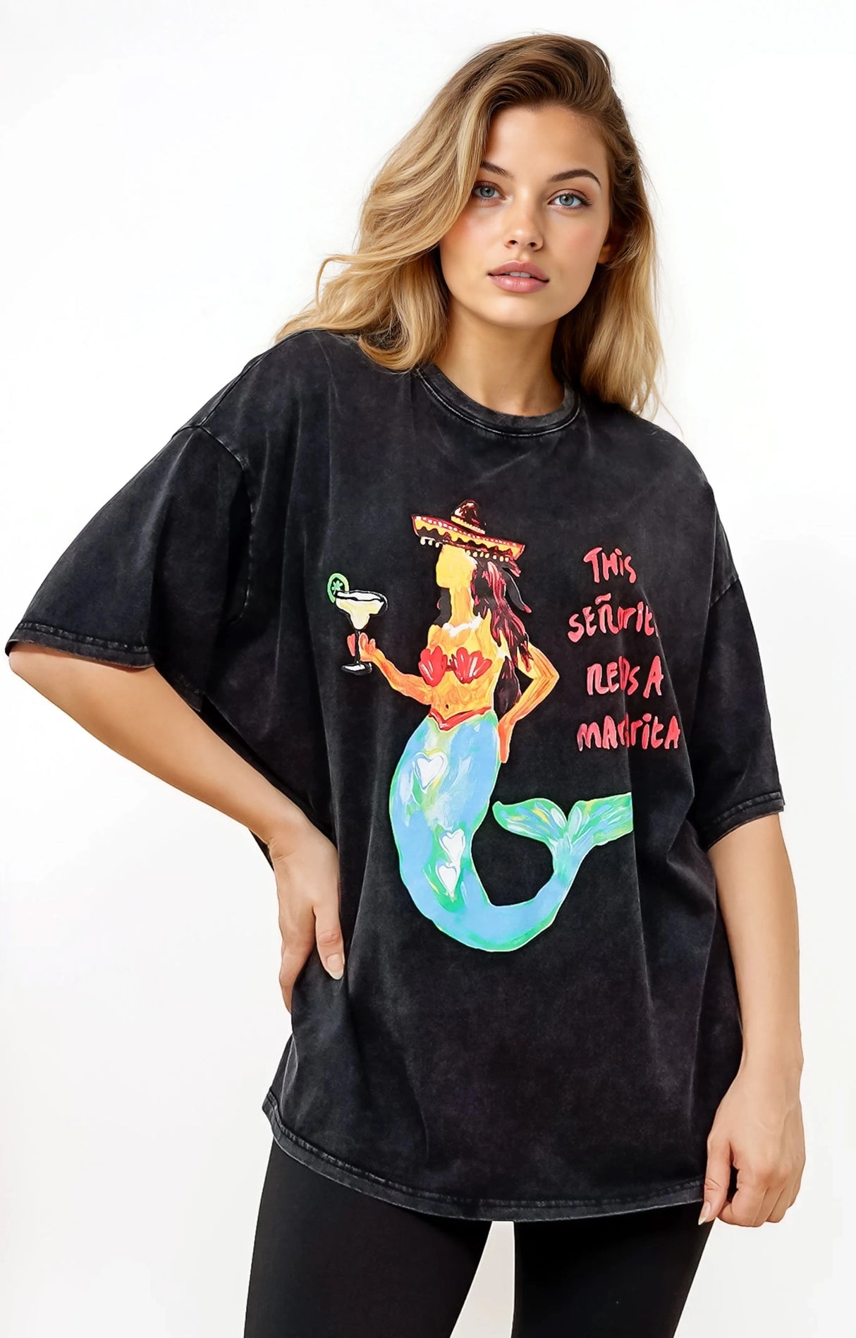 Senorita Margarita Tee - Crew Neck Oversized Graphic Tee in Black Acid Wash