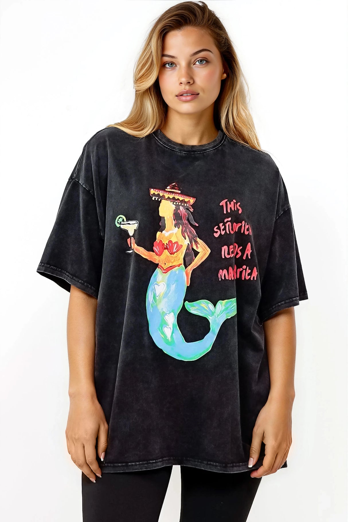 Senorita Margarita Tee - Crew Neck Oversized Graphic Tee in Black Acid Wash
