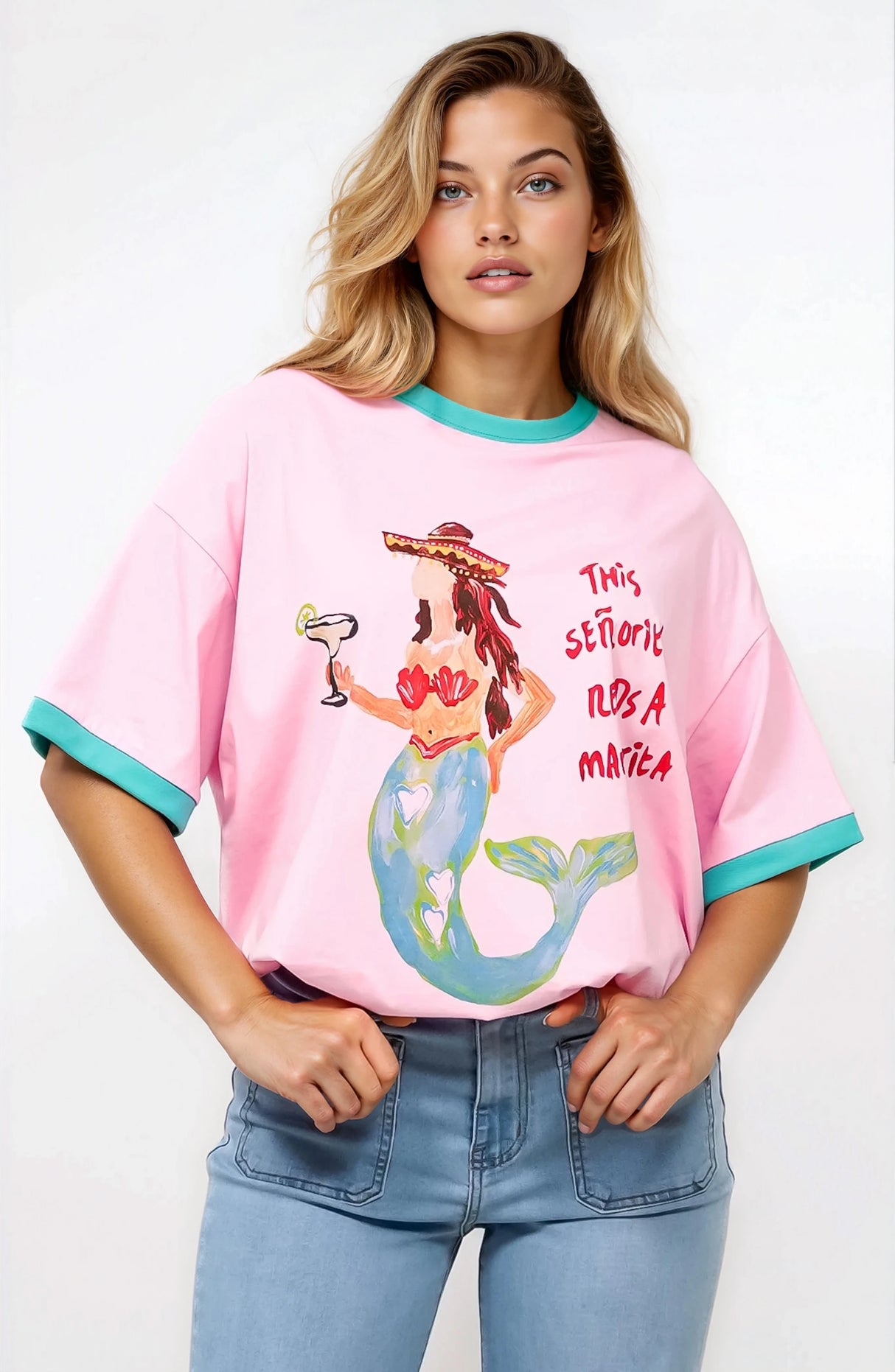 Senorita Margarita Tee - Crew Neck Oversized Graphic Tee in Pink