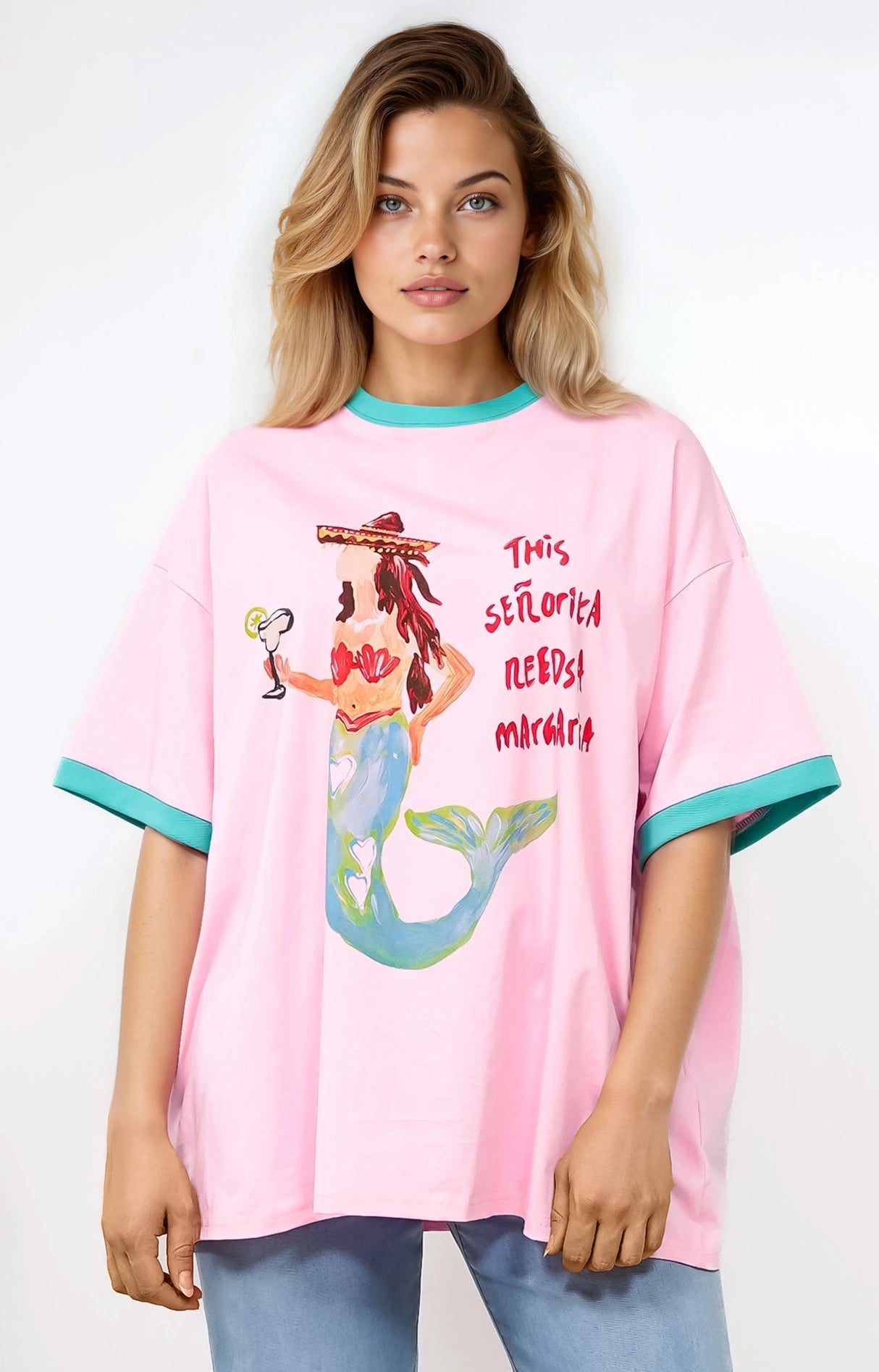 Senorita Margarita Tee - Crew Neck Oversized Graphic Tee in Pink