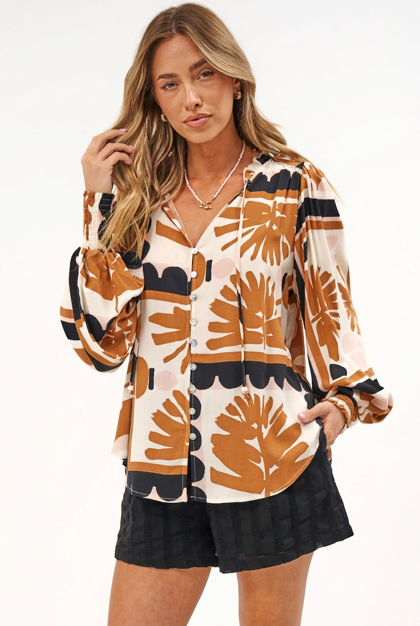 Violet Blouse - Frill Collar Button Down Balloon Sleeve Blouse In Zuni Print