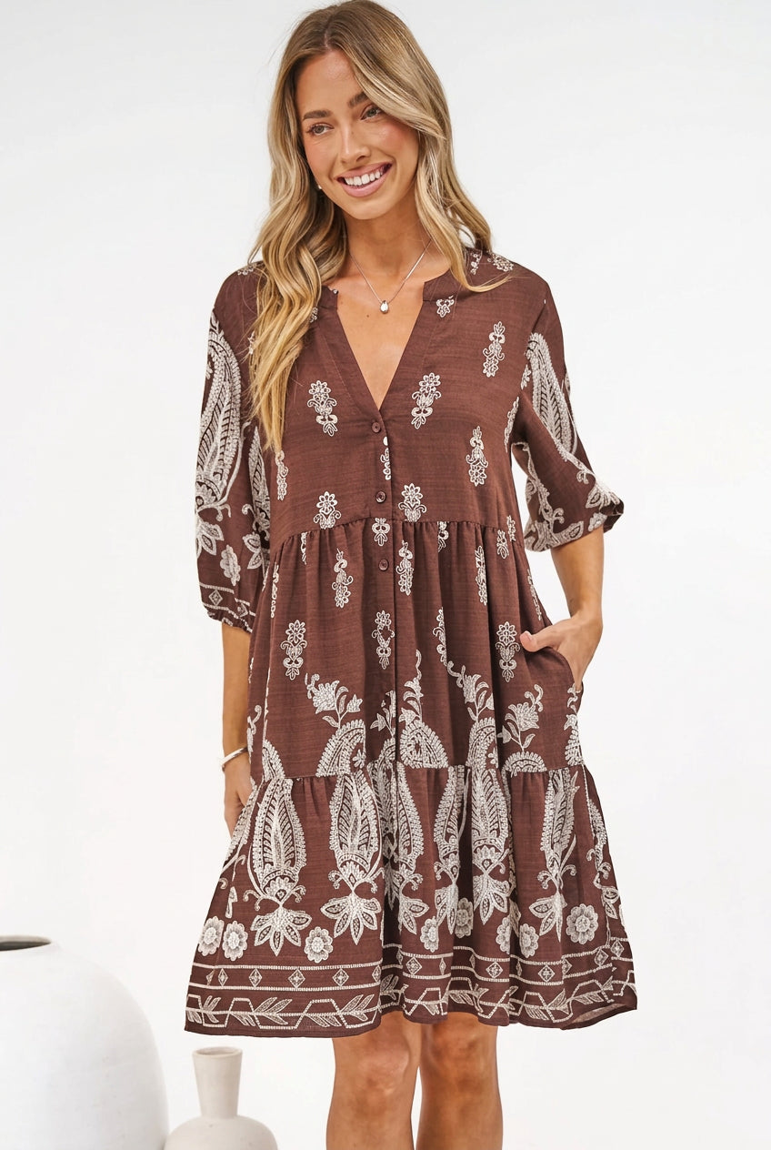 Sorrento Mini Dress - V-Neck Shift Dress with Balloon Sleeves in Houston Print