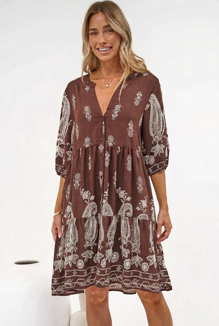 Sorrento Mini Dress - V-Neck Shift Dress with Balloon Sleeves in Houston Print