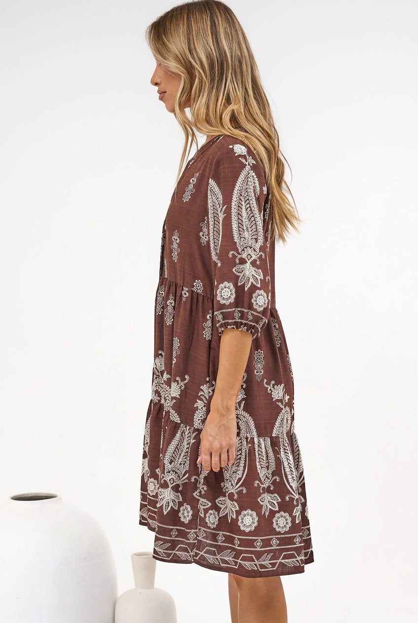 Sorrento Mini Dress - V-Neck Shift Dress with Balloon Sleeves in Houston Print