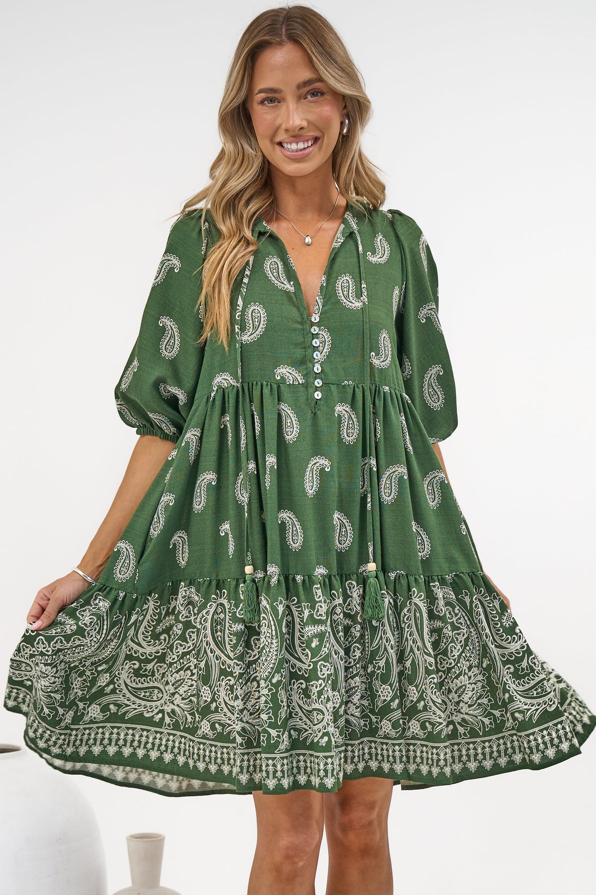 Mirtes Mini Dress - Mandarin Collar Short Sleeve with Tie Smock Dress in Cleo Print Green