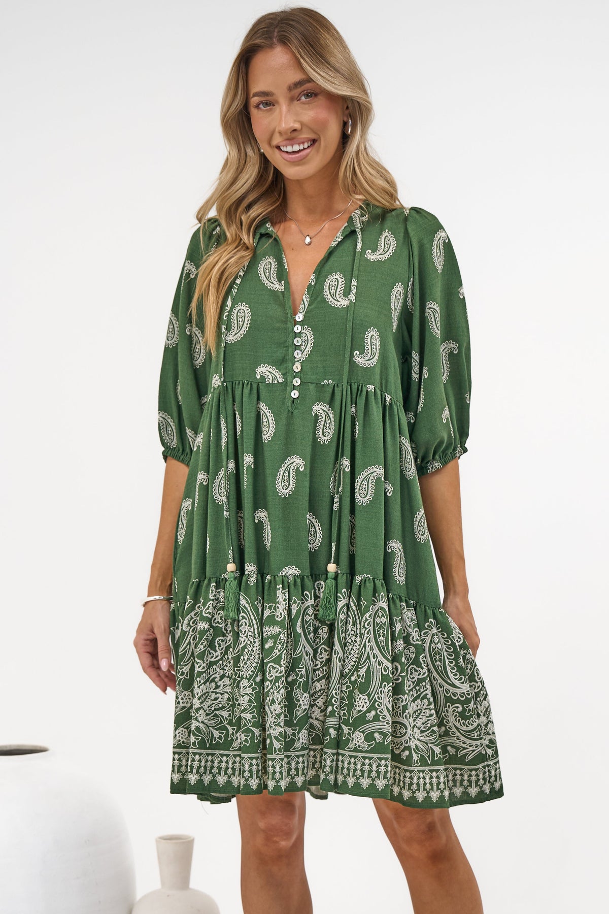 Mirtes Mini Dress - Mandarin Collar Short Sleeve with Tie Smock Dress in Cleo Print Green