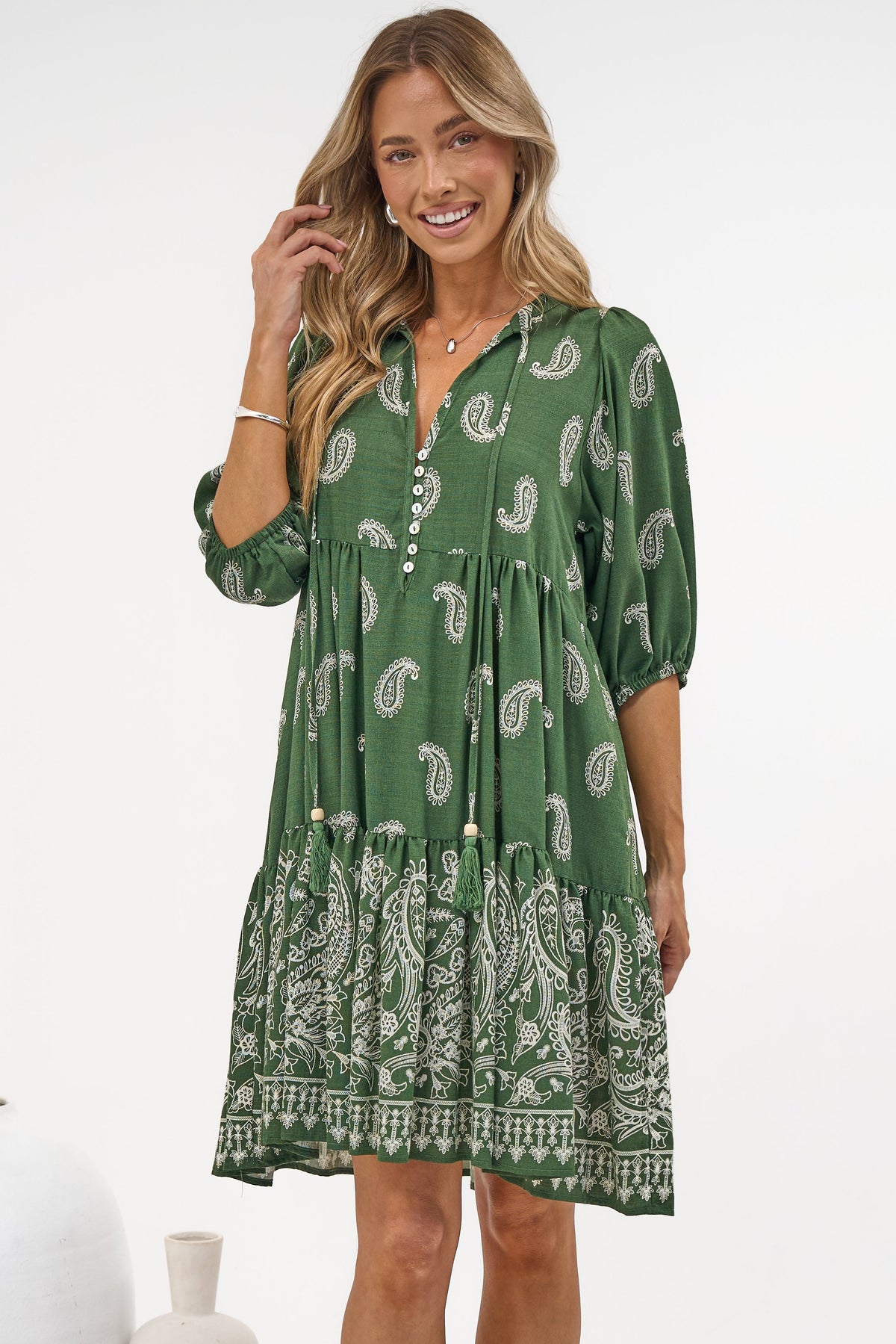 Mirtes Mini Dress - Mandarin Collar Short Sleeve with Tie Smock Dress in Cleo Print Green