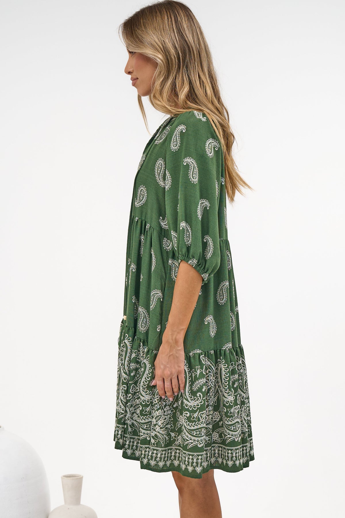 Mirtes Mini Dress - Mandarin Collar Short Sleeve with Tie Smock Dress in Cleo Print Green