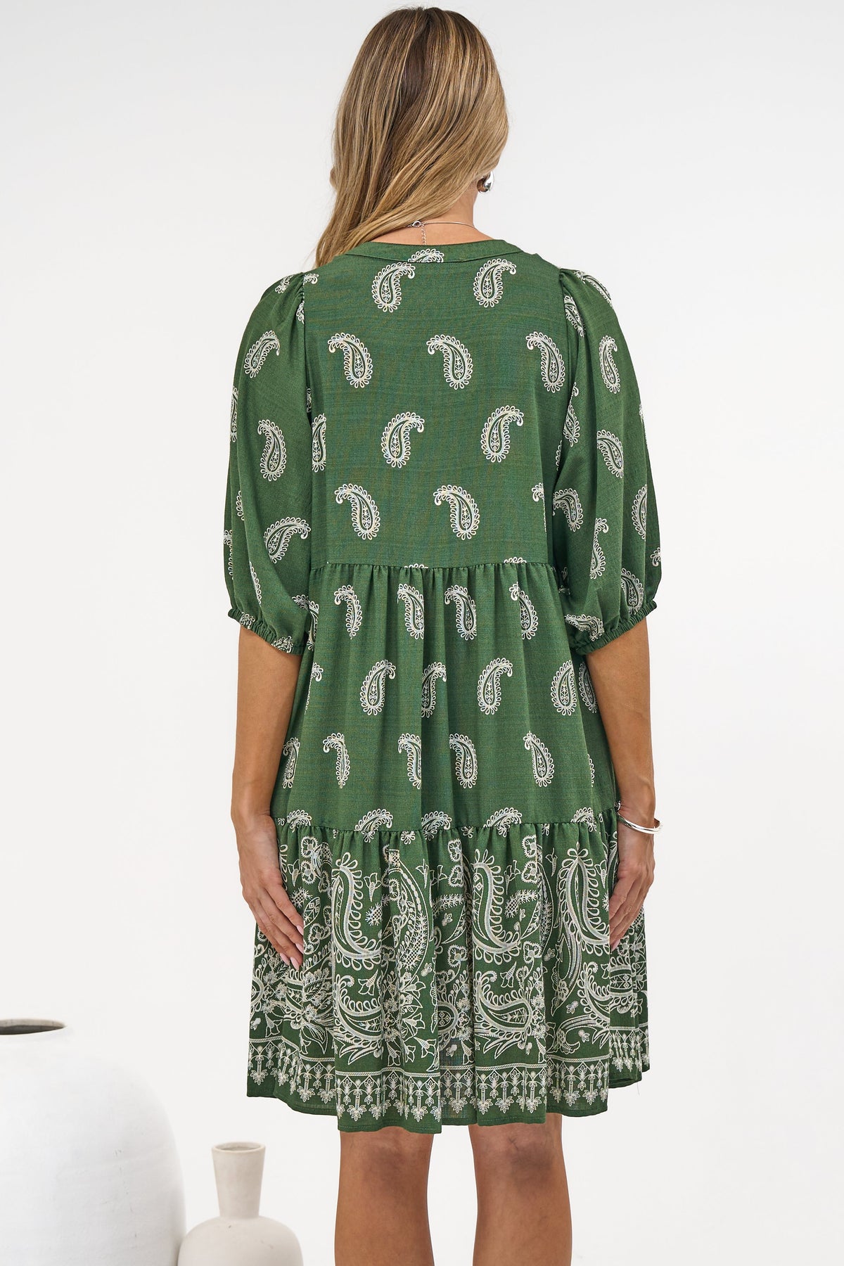 Mirtes Mini Dress - Mandarin Collar Short Sleeve with Tie Smock Dress in Cleo Print Green